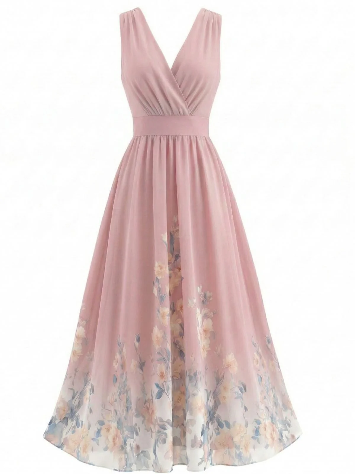 1940s Floral V-Neck Sleeveless Midi Dress - Image 5