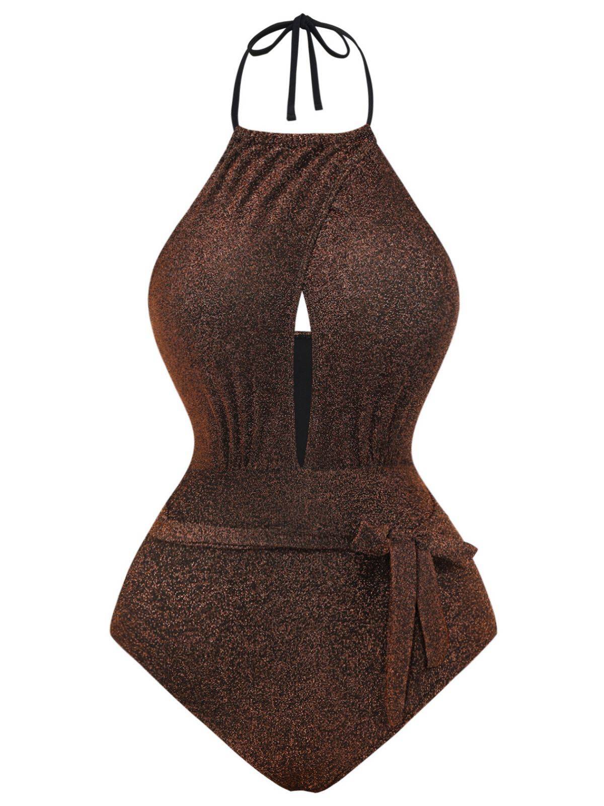 1940s Glitter Halter Cutout Bow One-Piece Swimsuit - Image 2