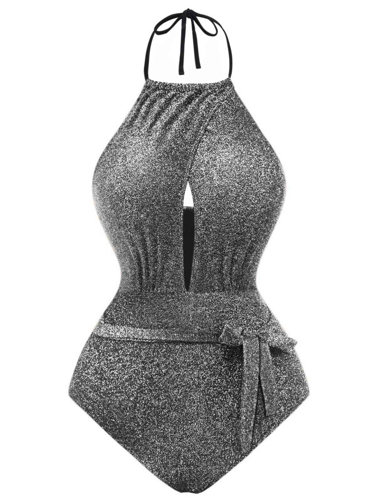 1940s Glitter Halter Cutout Bow One-Piece Swimsuit - Image 7