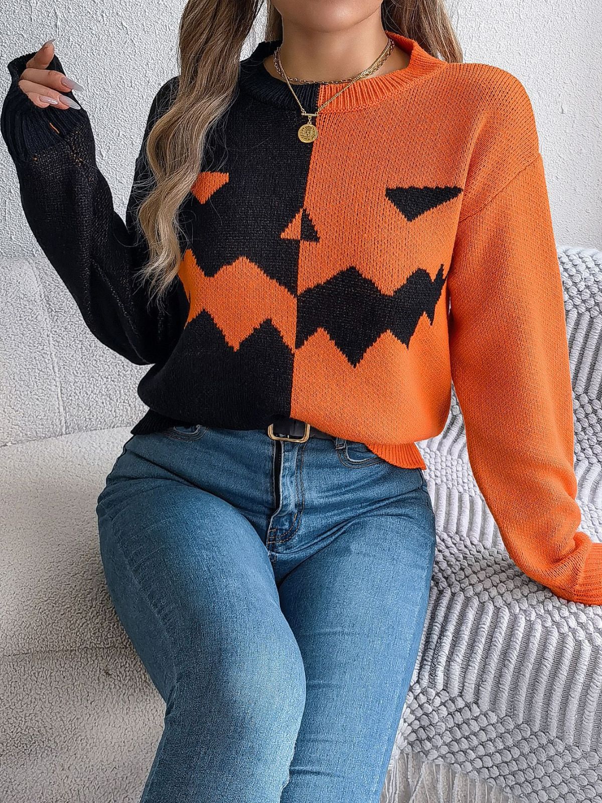 1940s Halloween Pumpkin Face ColorBlock Knit Sweater - Image 2