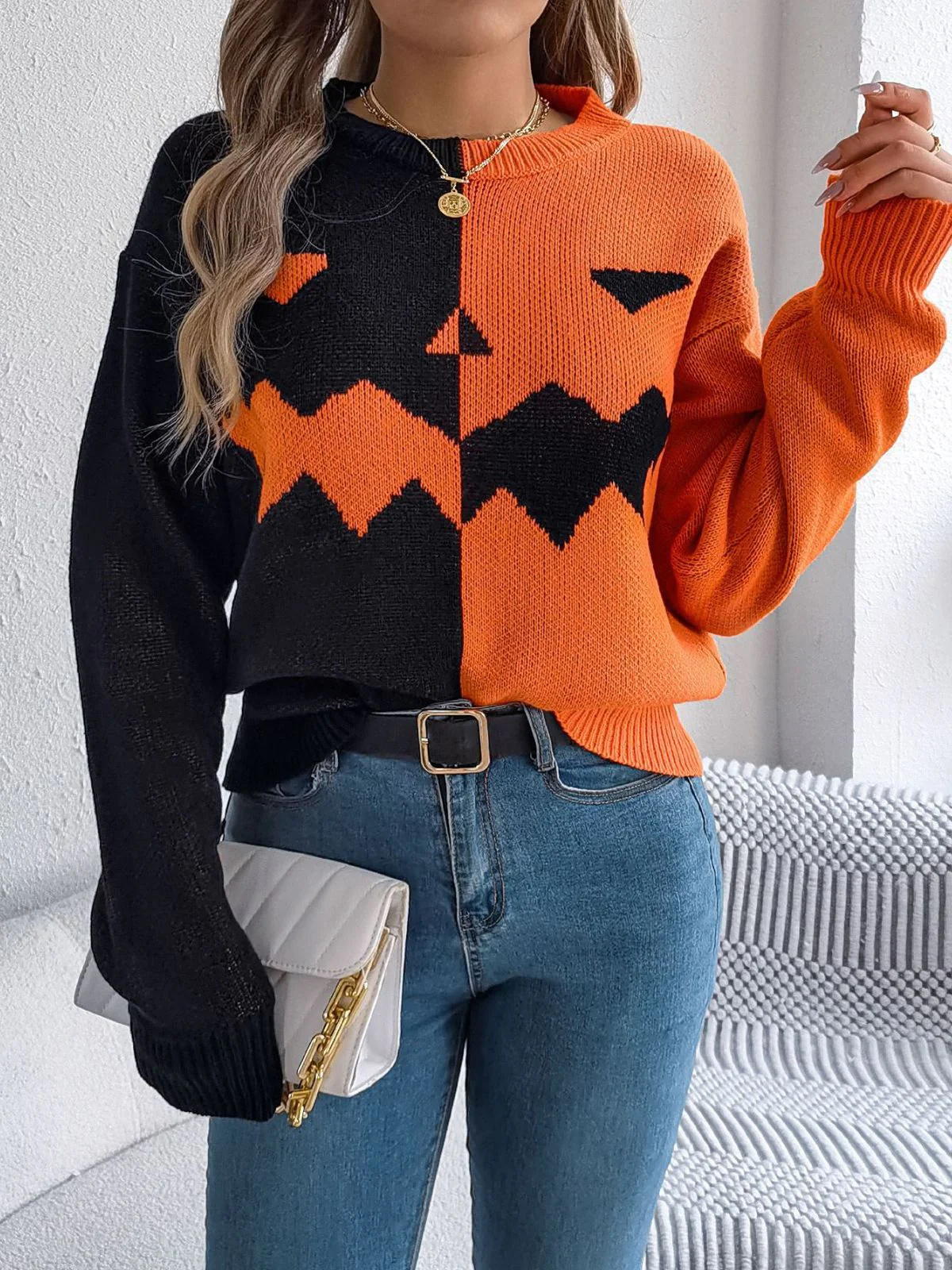 1940s Halloween Pumpkin Face ColorBlock Knit Sweater - Image 3