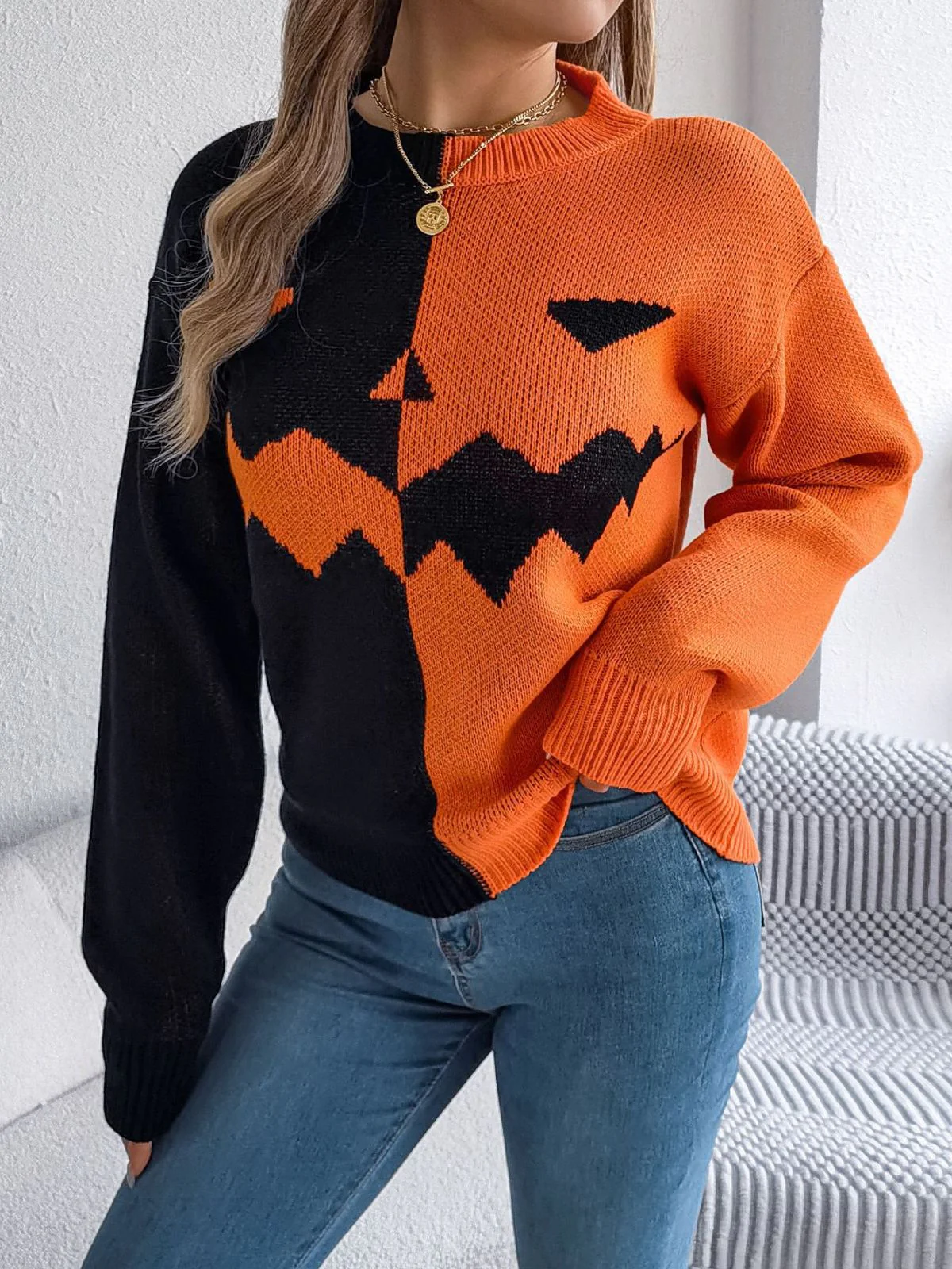 1940s Halloween Pumpkin Face ColorBlock Knit Sweater - Image 4