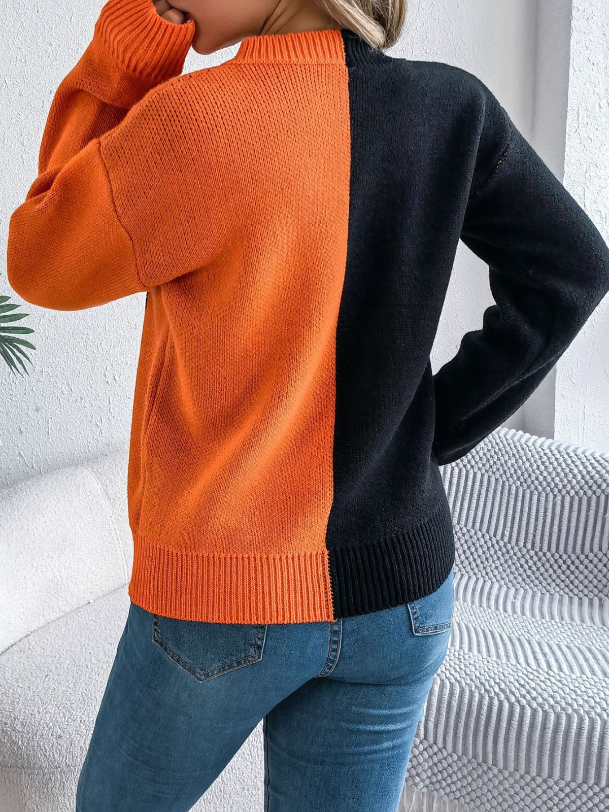 1940s Halloween Pumpkin Face ColorBlock Knit Sweater - Image 5