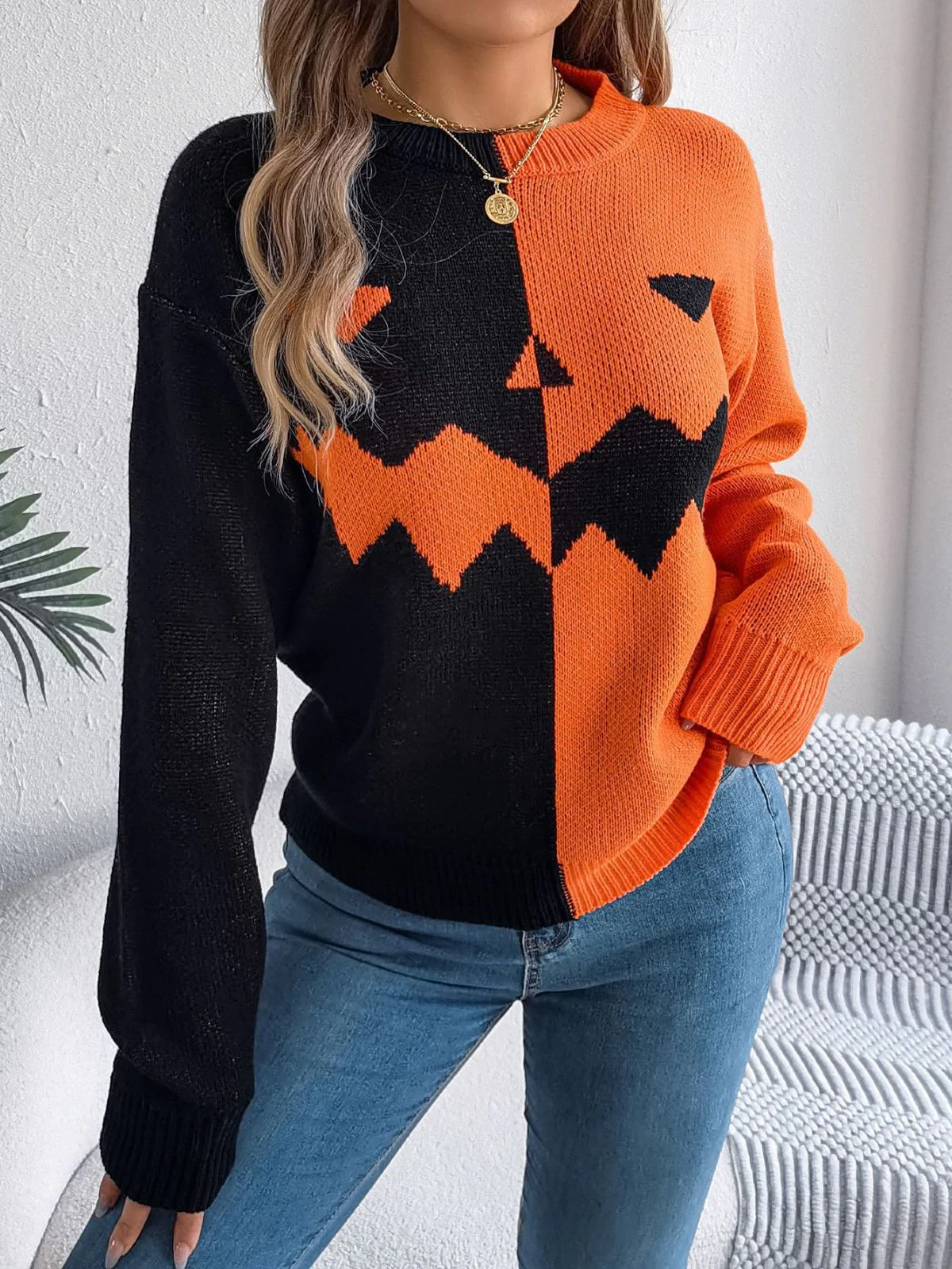 1940s Halloween Pumpkin Face ColorBlock Knit Sweater - Image 6
