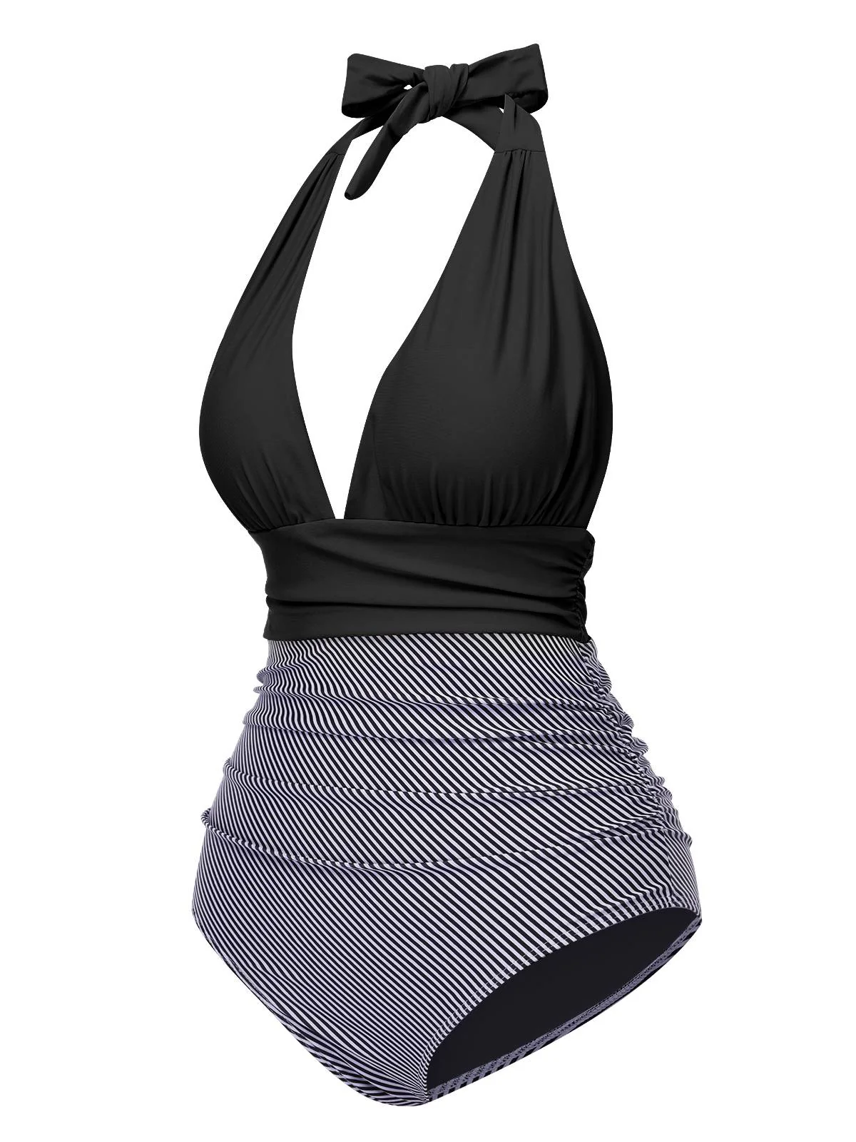1940s Stripes Backless Halter Ruched Swimsuit - Image 2
