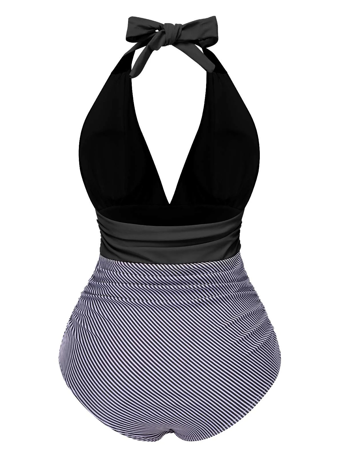 1940s Stripes Backless Halter Ruched Swimsuit - Image 3