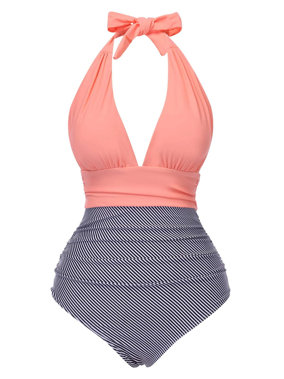 1940s Stripes Backless Halter Ruched Swimsuit - Image 4