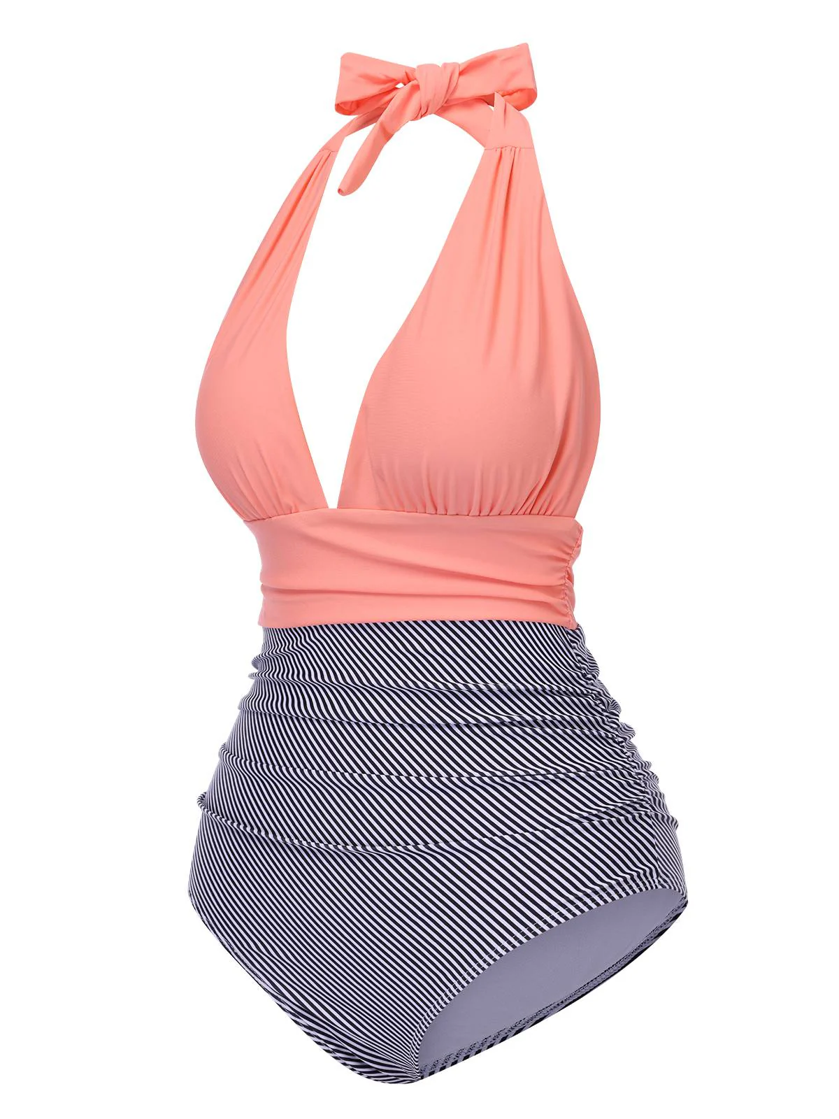 1940s Stripes Backless Halter Ruched Swimsuit - Image 5