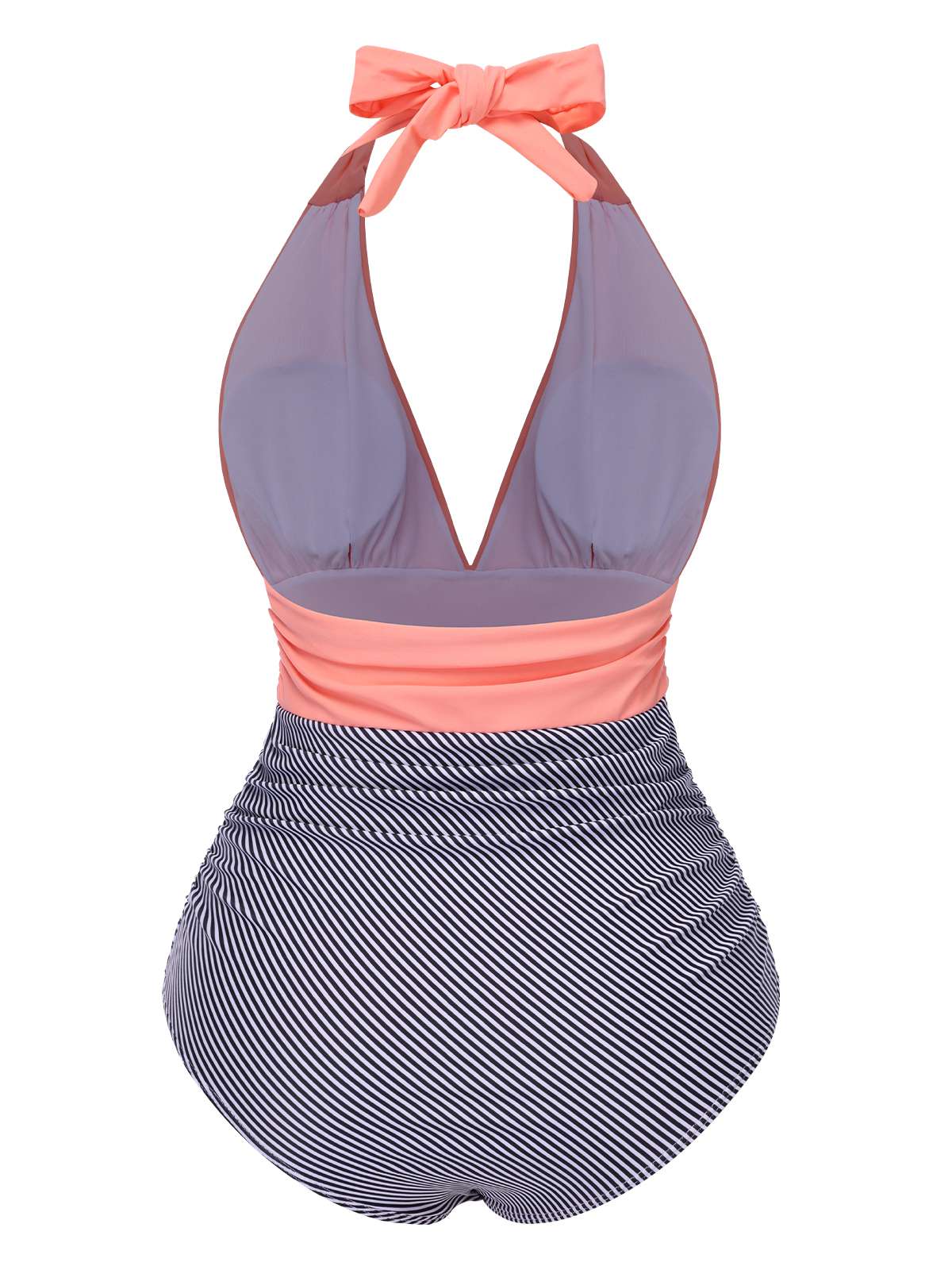 1940s Stripes Backless Halter Ruched Swimsuit - Image 6
