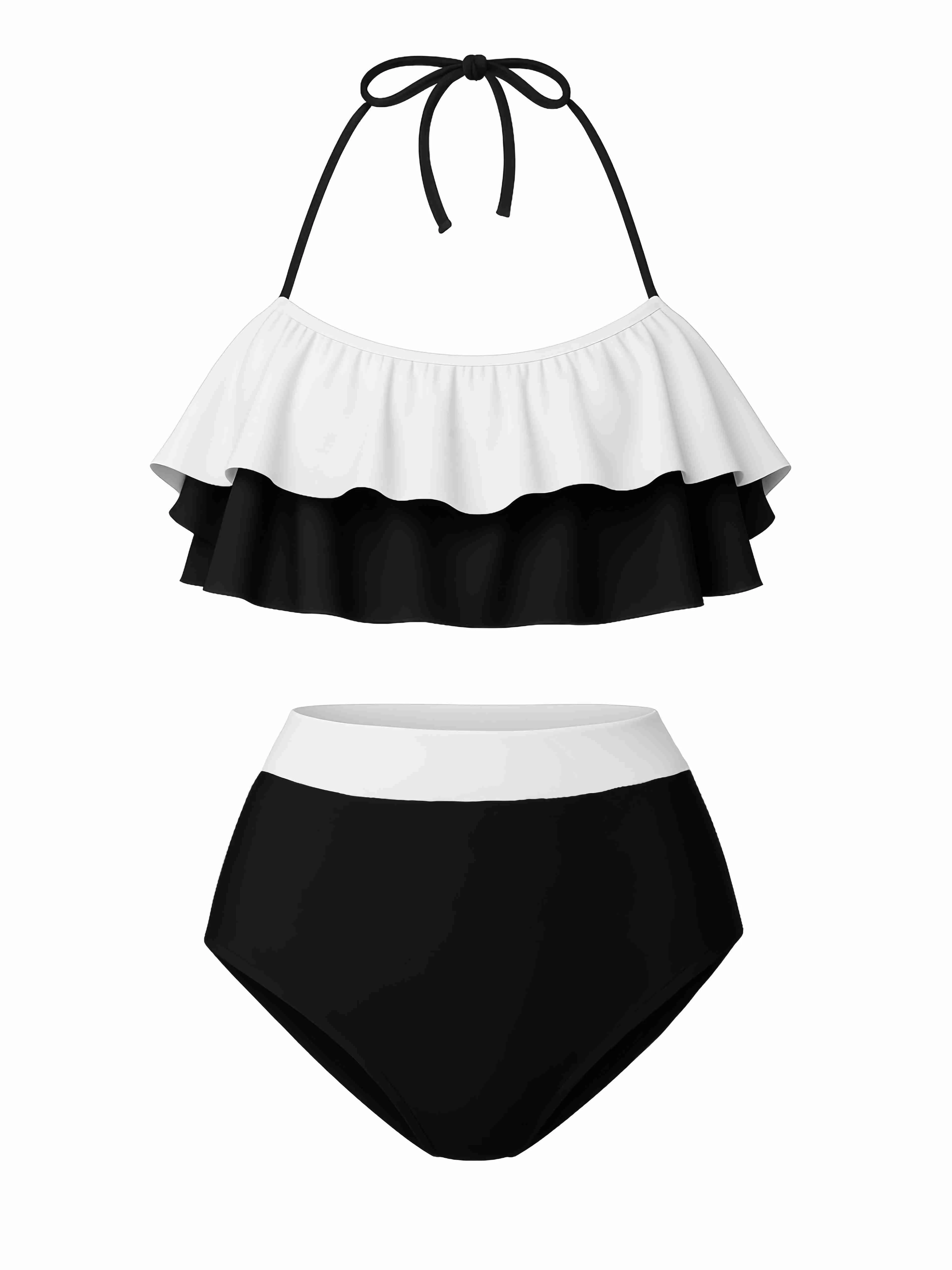 1940s High-Waist Colorblock Ruffled Halter Swimsuit - Image 3