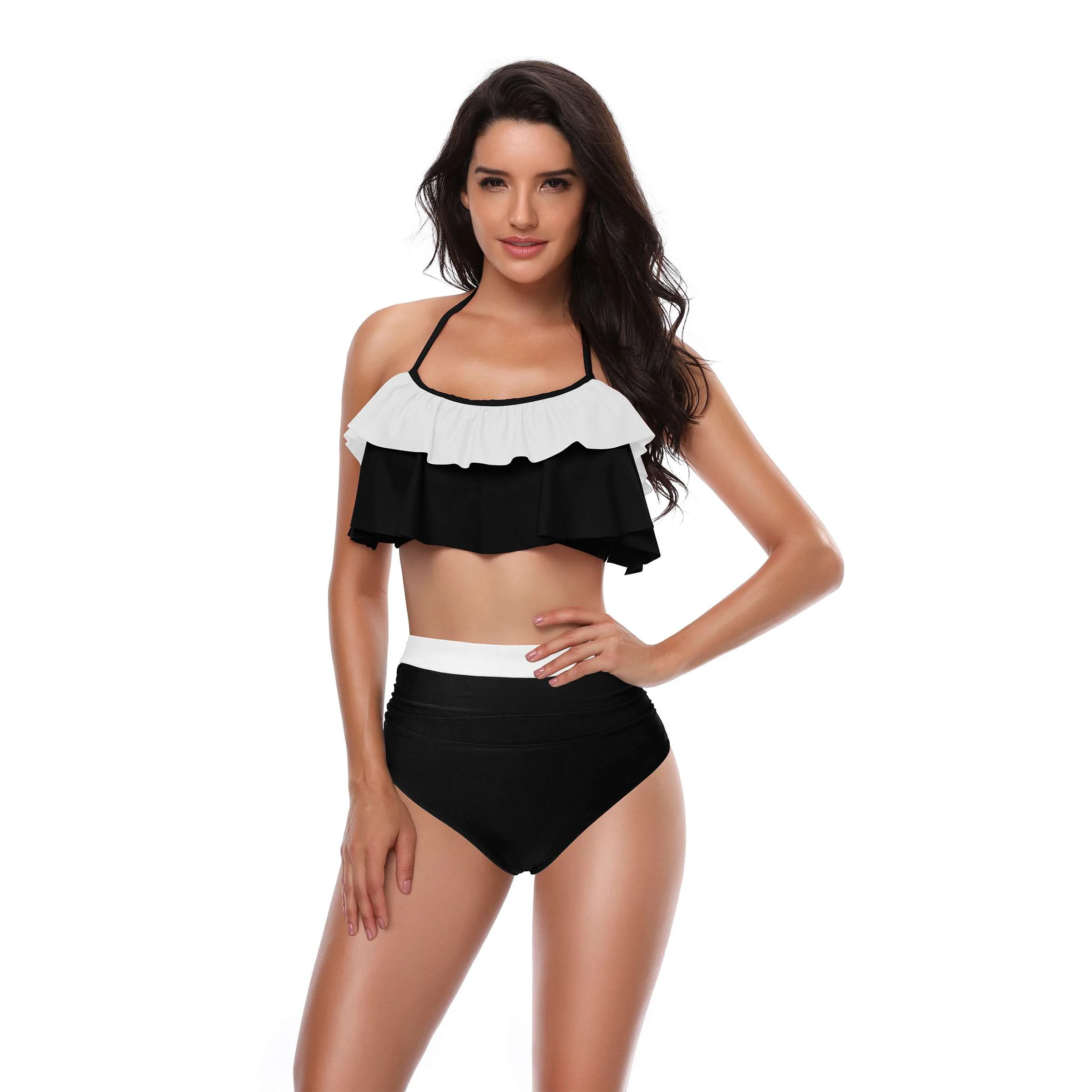 1940s High-Waist Colorblock Ruffled Halter Swimsuit - Image 6