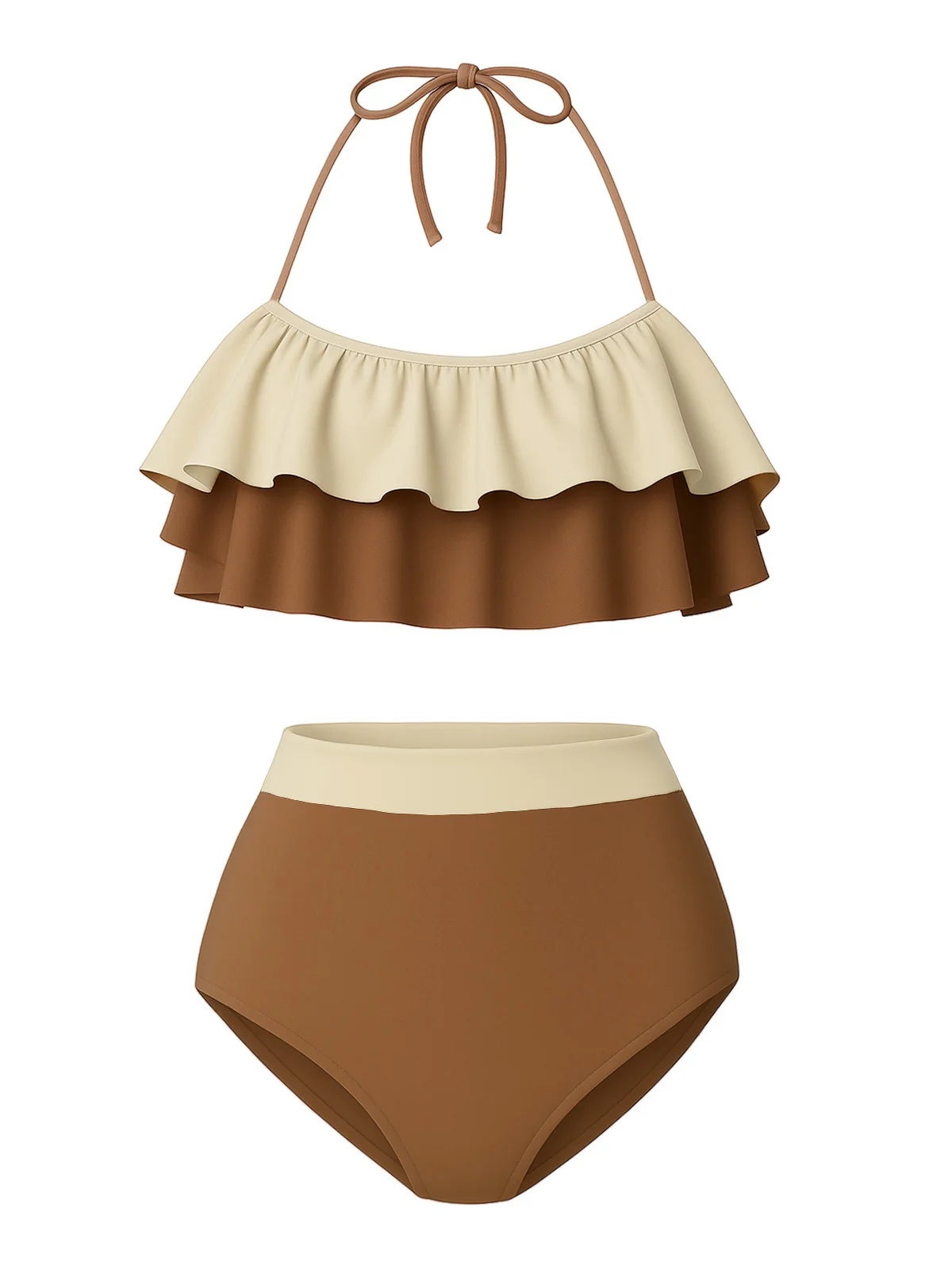 1940s High-Waist Colorblock Ruffled Halter Swimsuit - Image 9