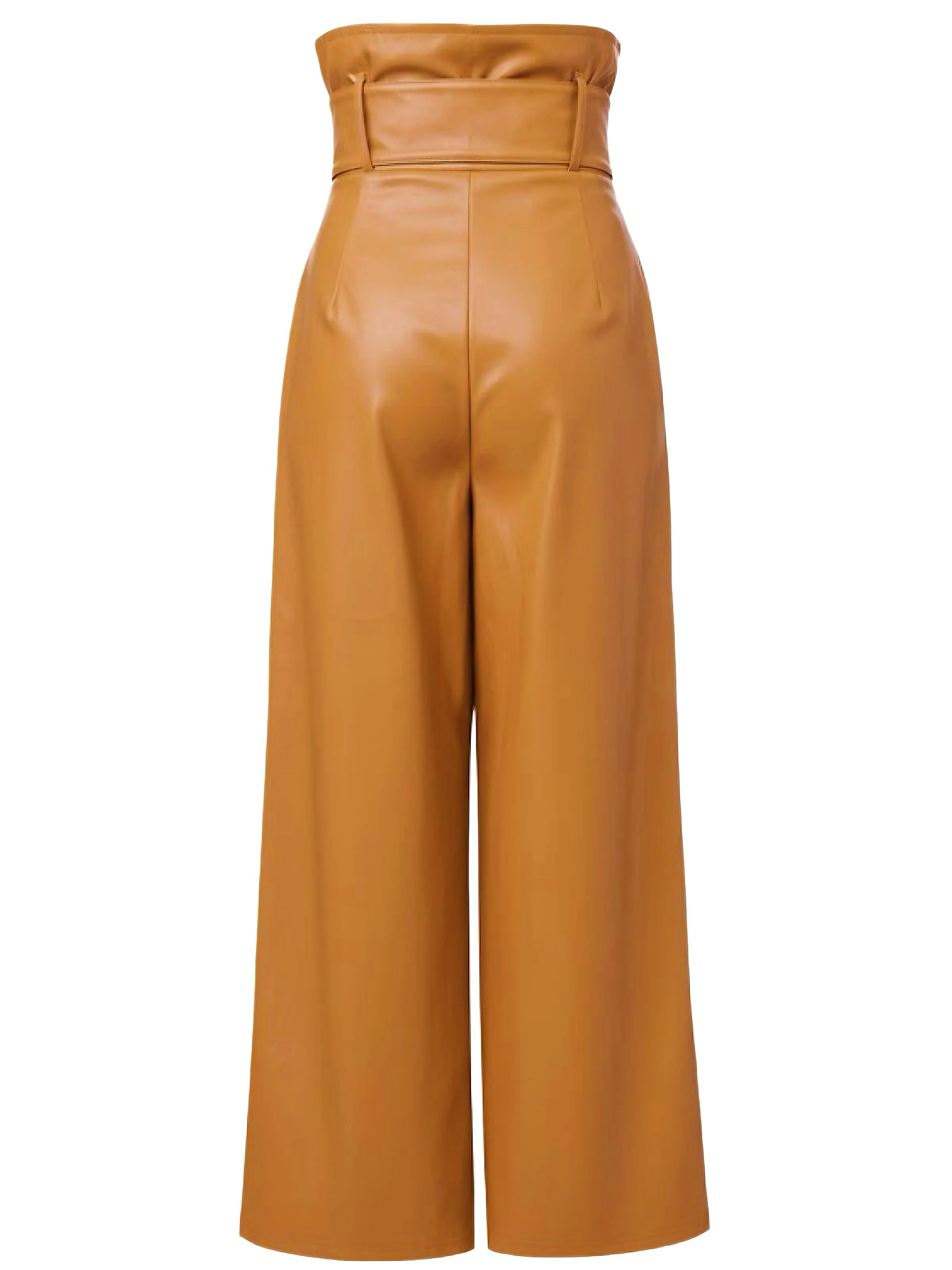 1940s High-Waist Metal Belt PU Leather Wide-Leg Pants - Image 10
