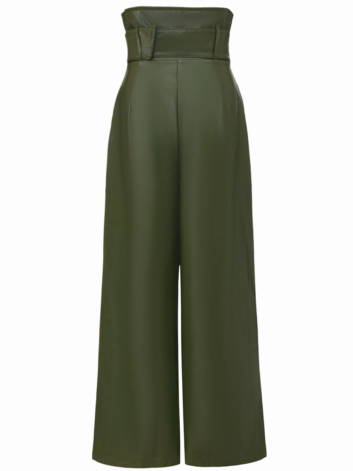 1940s High-Waist Metal Belt PU Leather Wide-Leg Pants - Image 2