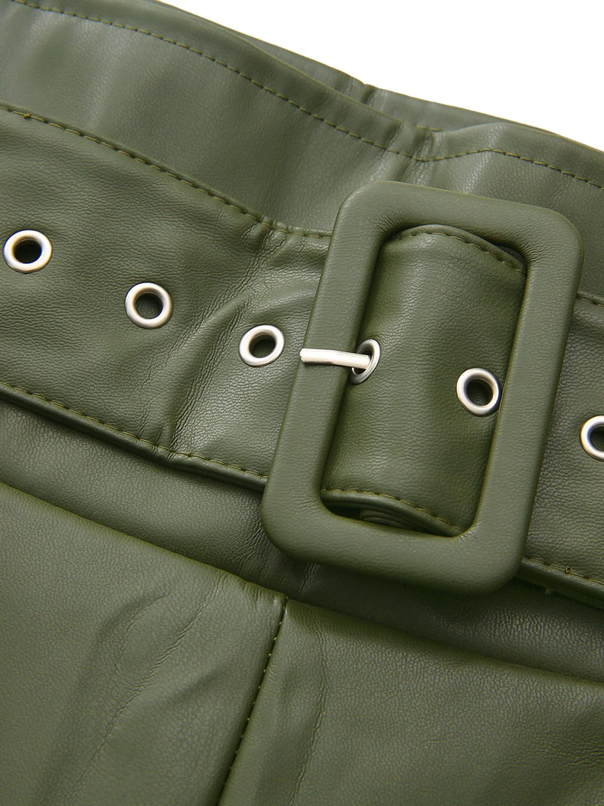 1940s High-Waist Metal Belt PU Leather Wide-Leg Pants - Image 3