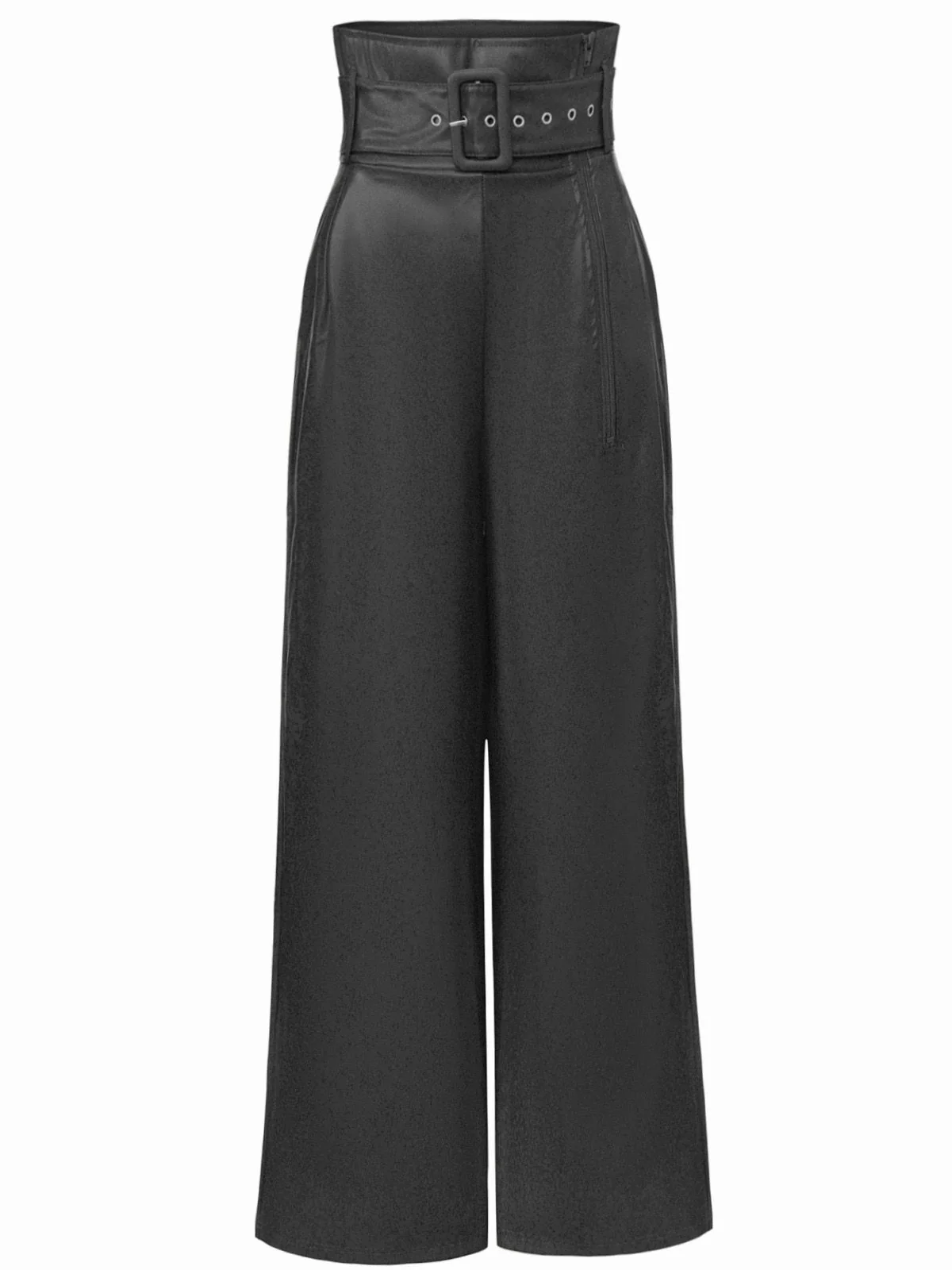 1940s High-Waist Metal Belt PU Leather Wide-Leg Pants - Image 7
