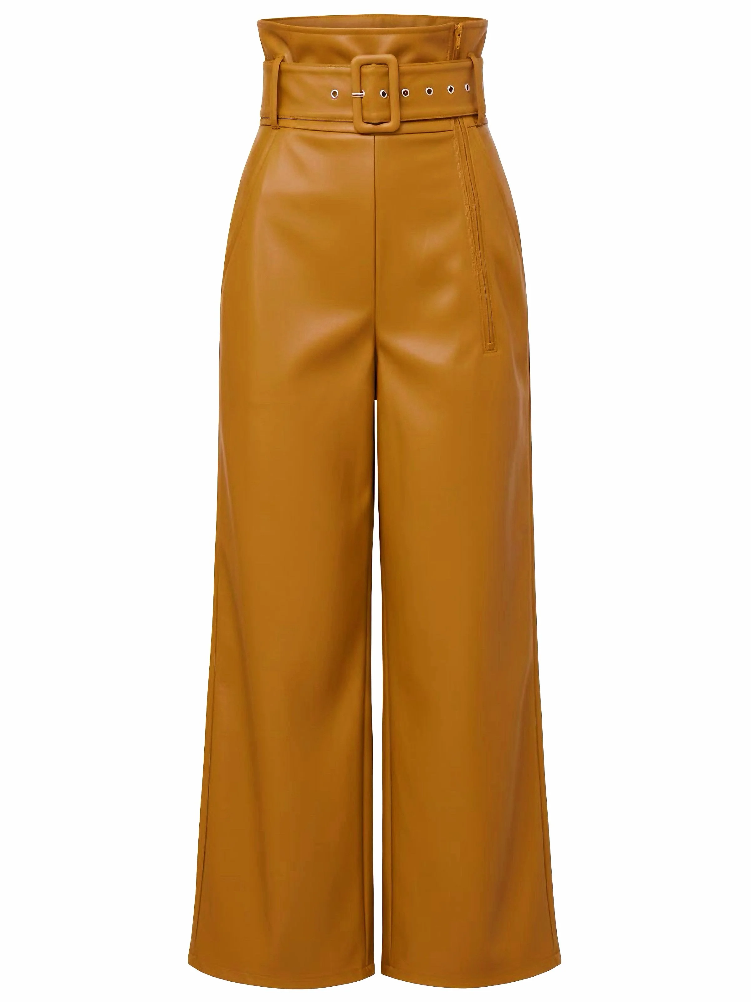 1940s High-Waist Metal Belt PU Leather Wide-Leg Pants - Image 9