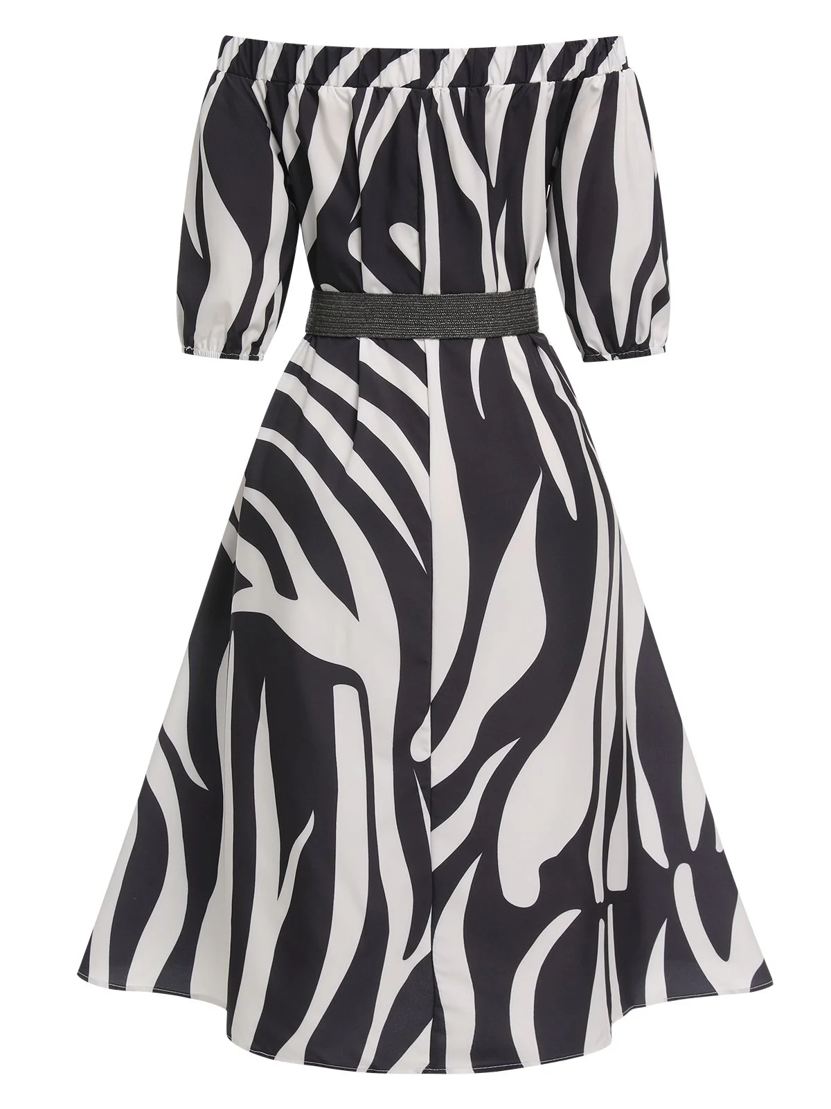 1940s Irregular Print Off-shoulder Belted Dress - Image 2