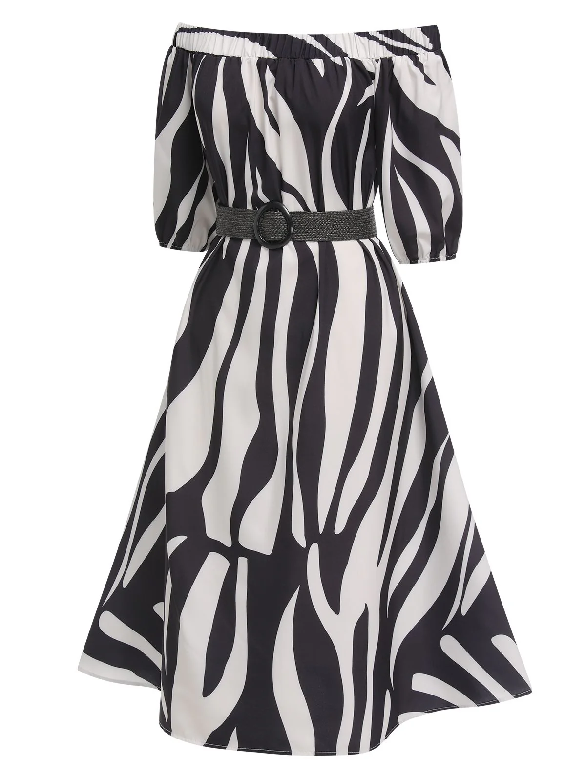 1940s Irregular Print Off-shoulder Belted Dress - Image 3