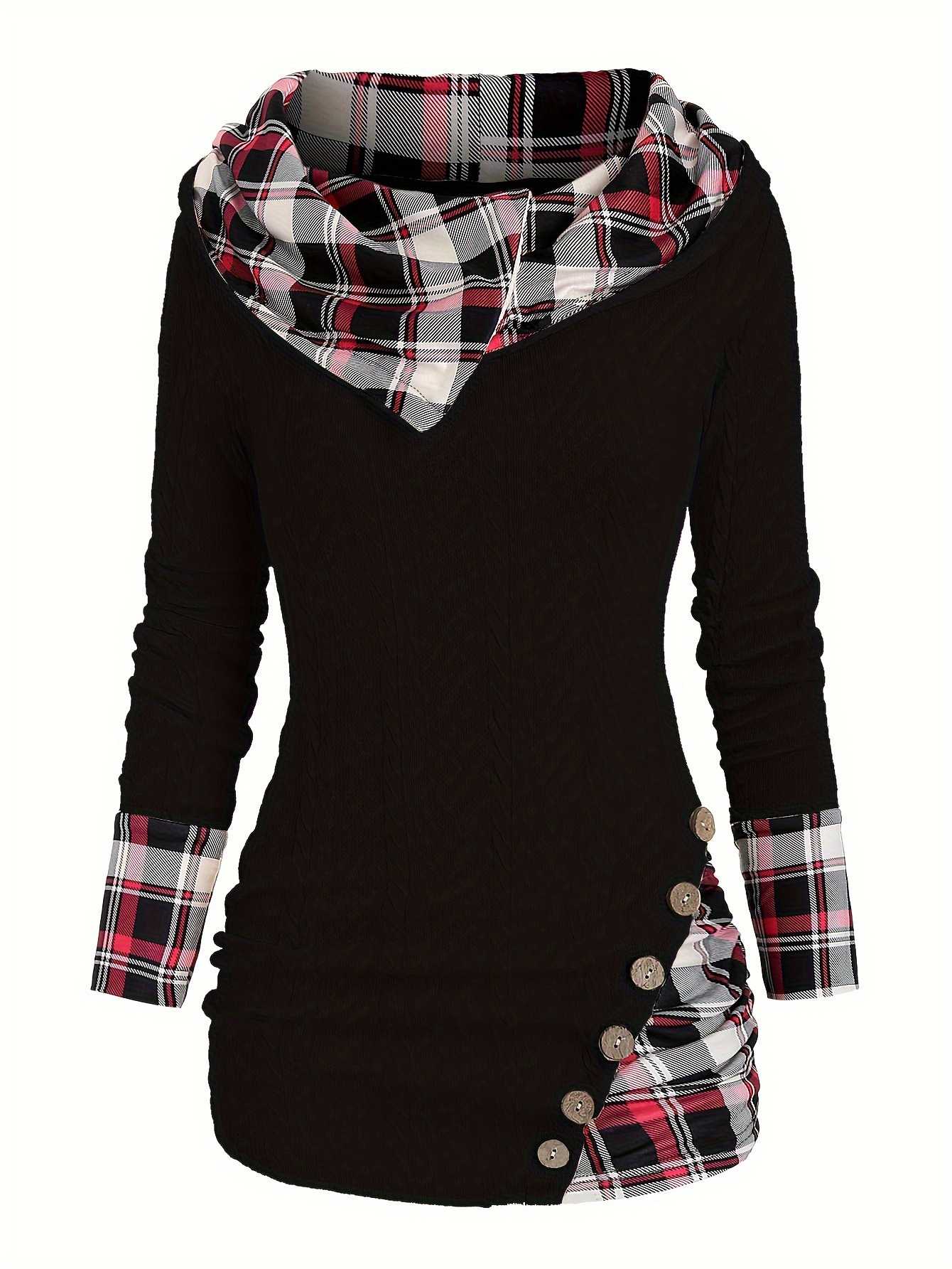 1940s Knit Plaid Button Hooded Sweater - Image 2