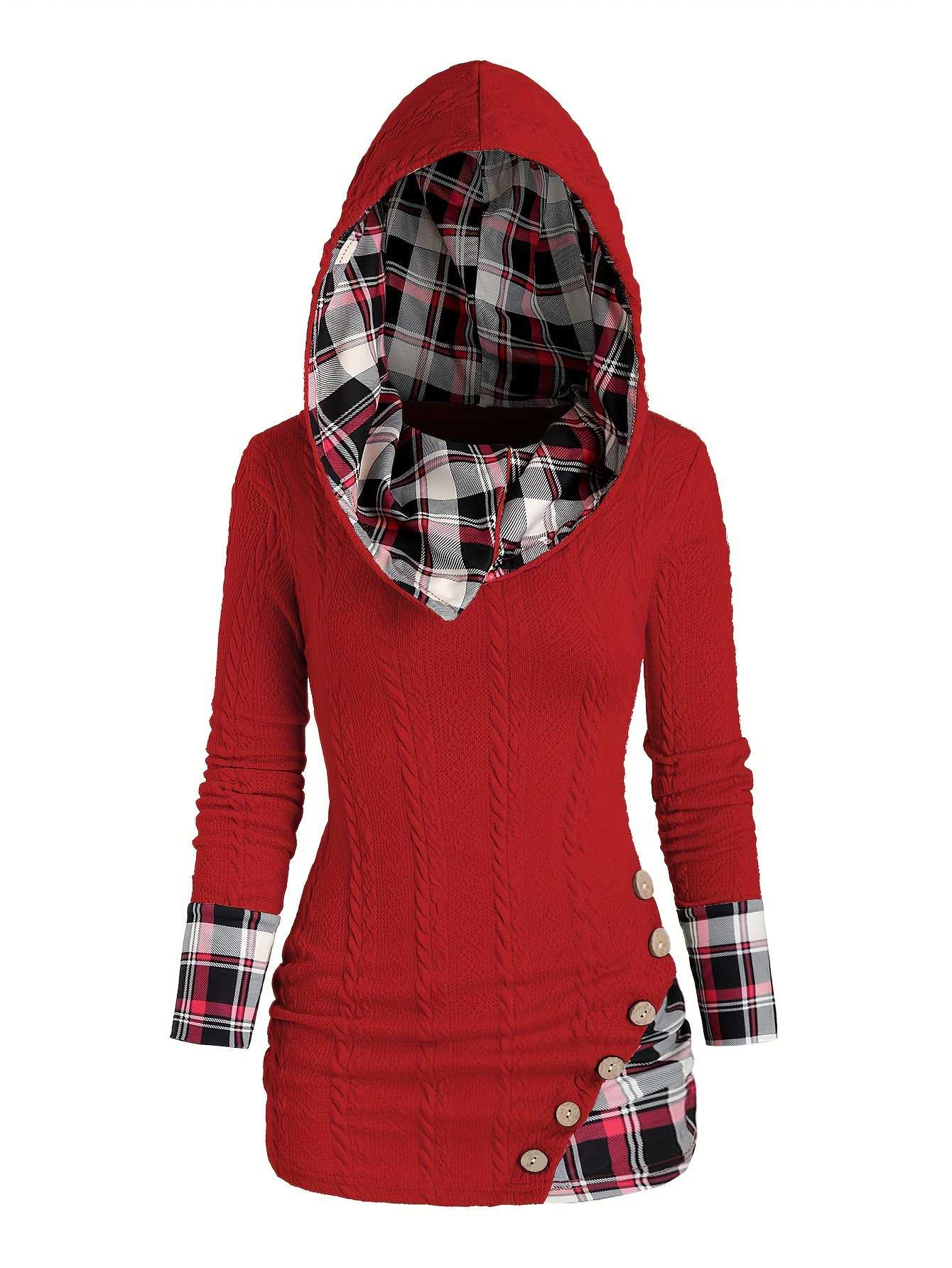 1940s Knit Plaid Button Hooded Sweater - Image 3