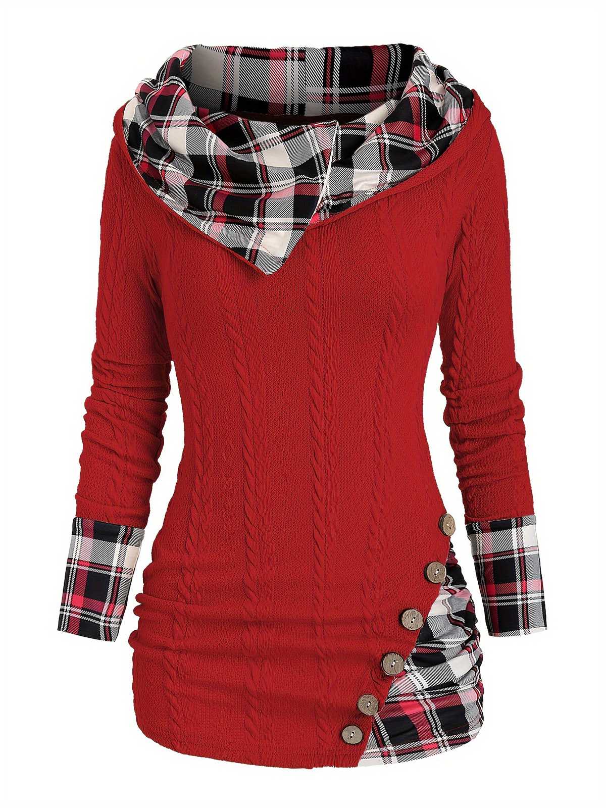 1940s Knit Plaid Button Hooded Sweater - Image 4