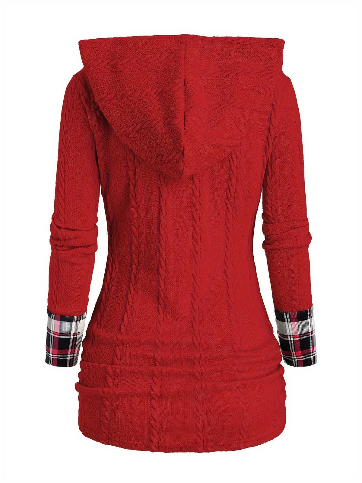1940s Knit Plaid Button Hooded Sweater - Image 5