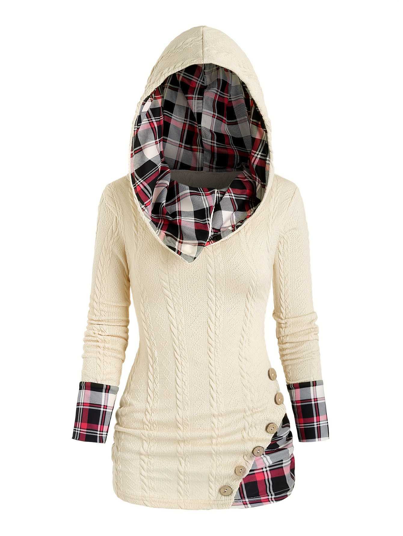 1940s Knit Plaid Button Hooded Sweater - Image 6