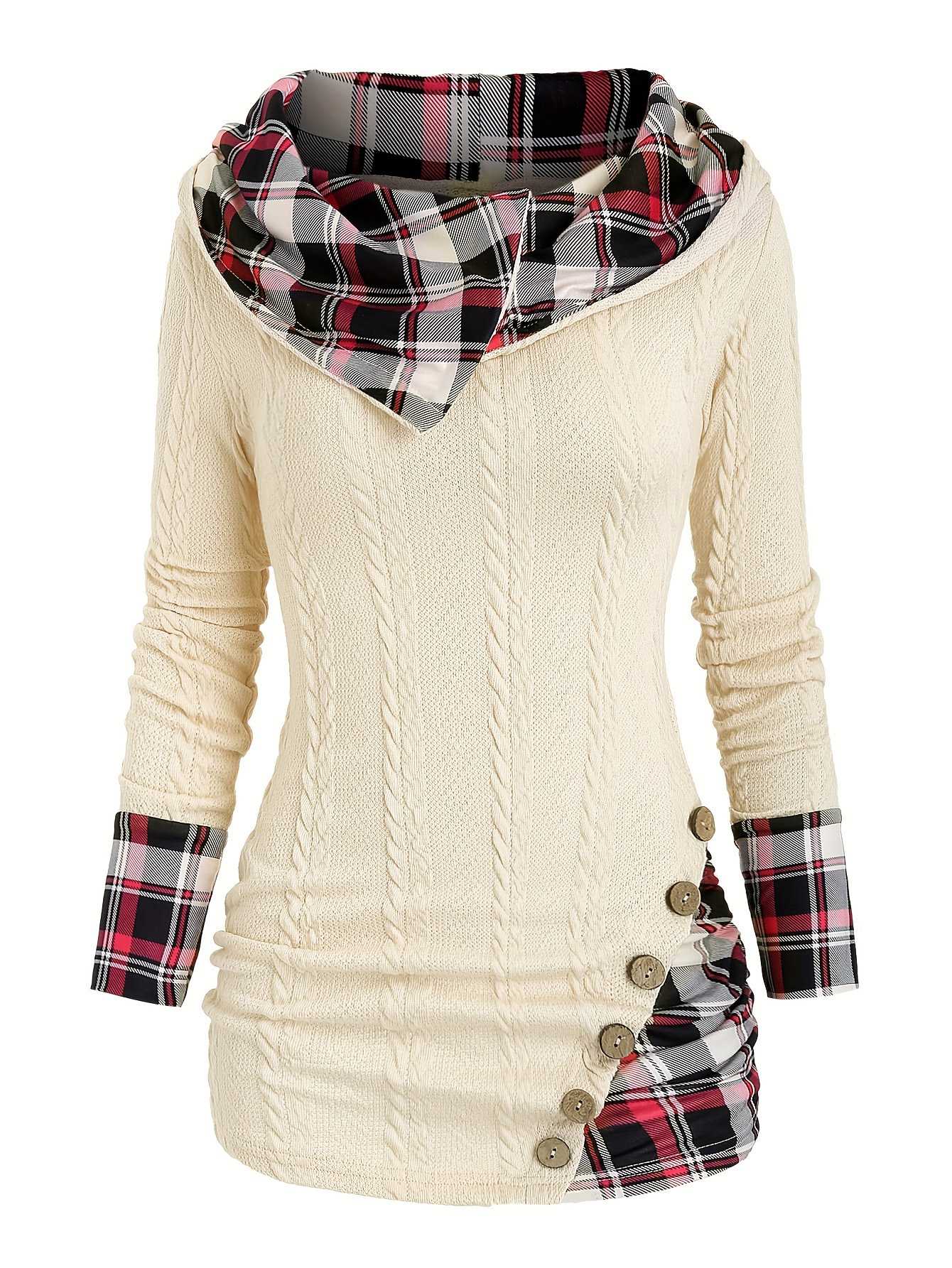 1940s Knit Plaid Button Hooded Sweater - Image 7