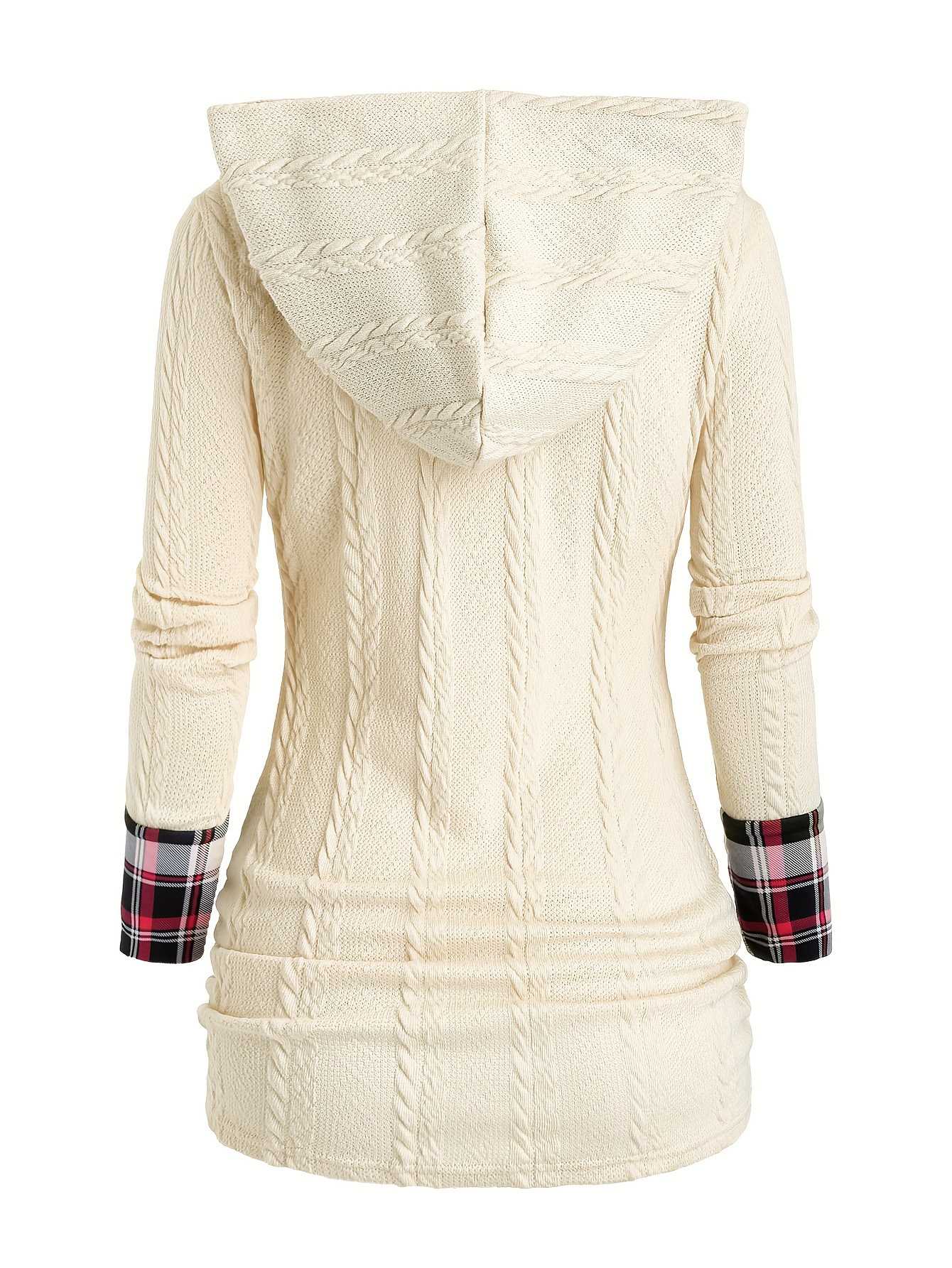 1940s Knit Plaid Button Hooded Sweater - Image 8