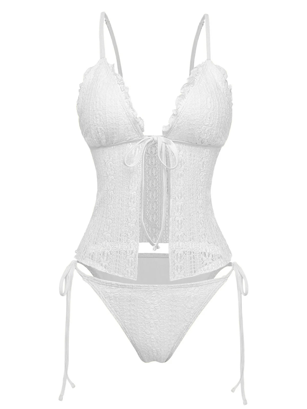 1940s Lace Knit Double-Layer Fabric Tankini Set - Image 10