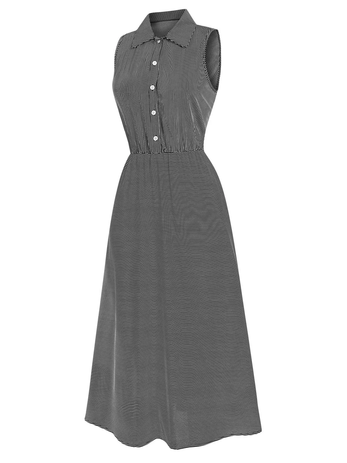 1940s Lapel Stripes Sleeveless Dress - Image 2