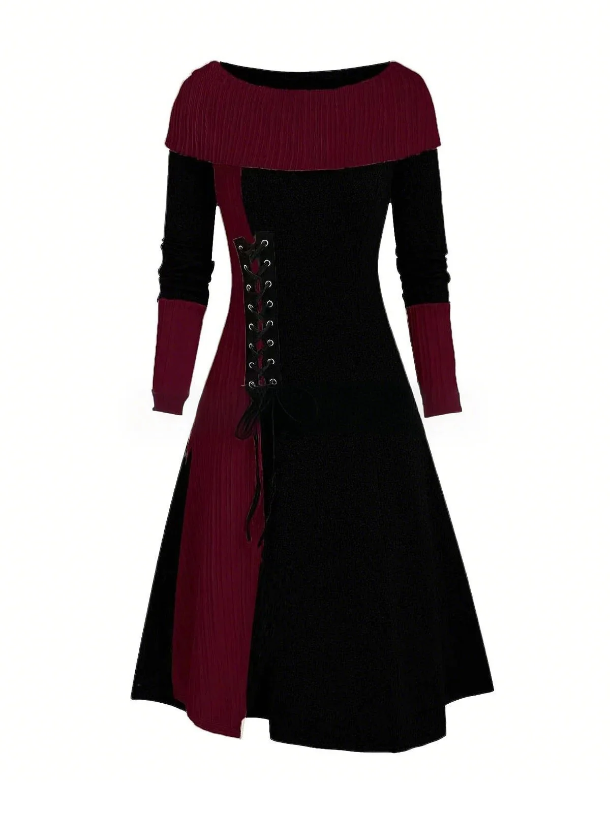 1940s Lace-Up Colorblock Off-Shoulder Dress - Image 2