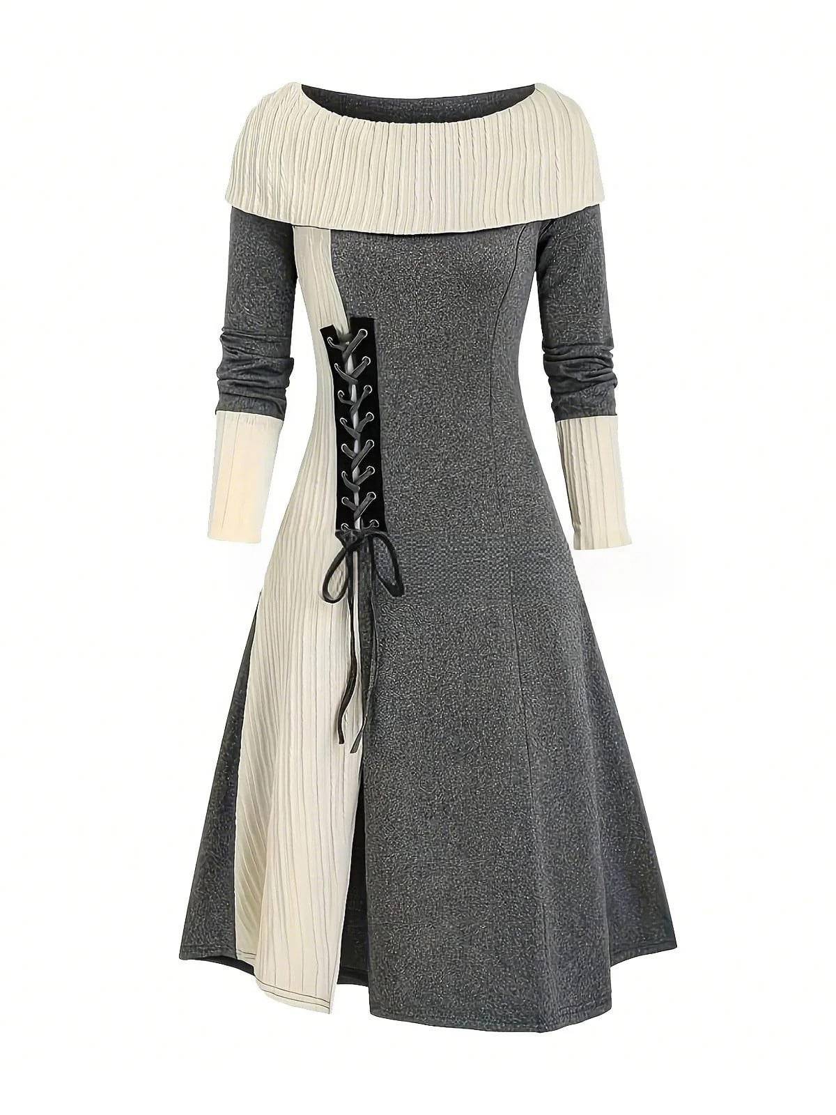 1940s Lace-Up Colorblock Off-Shoulder Dress - Image 3
