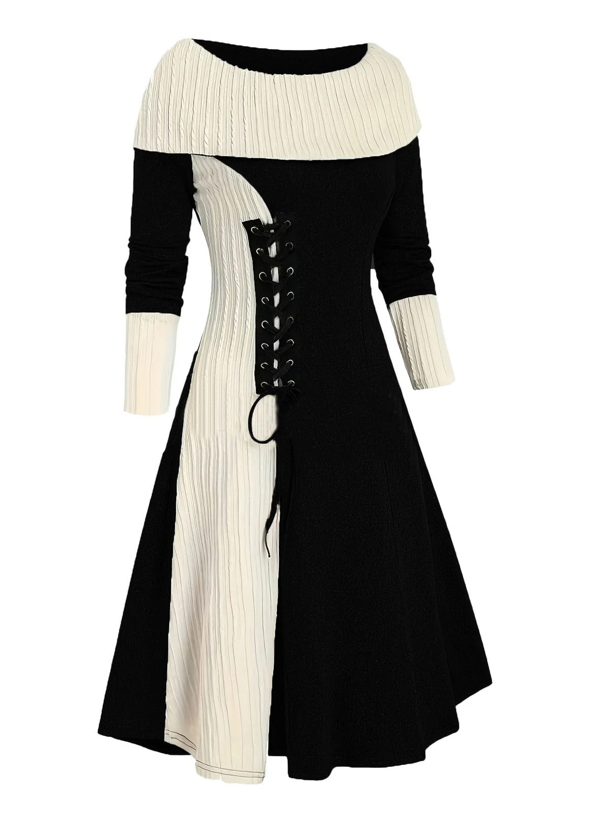 1940s Lace-Up Colorblock Off-Shoulder Dress - Image 4