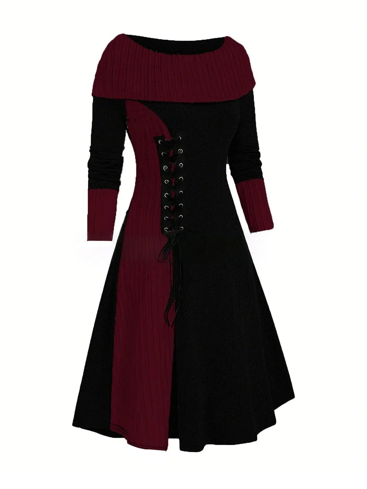 1940s Lace-Up Colorblock Off-Shoulder Dress - Image 6