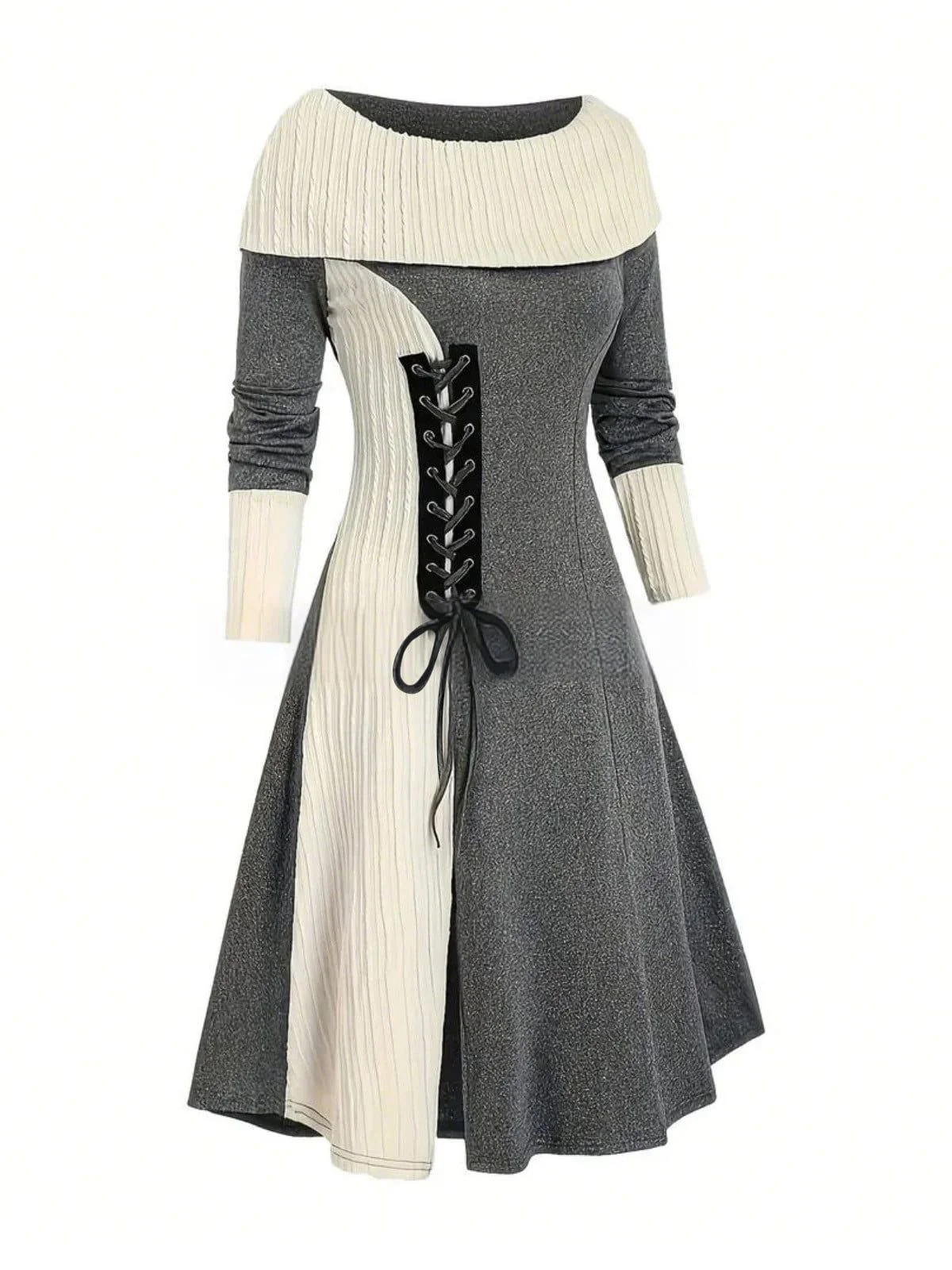 1940s Lace-Up Colorblock Off-Shoulder Dress - Image 8