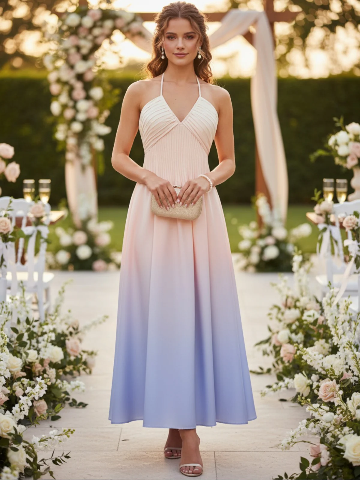 1940s Ombre Deep V-Neck Halter Dress