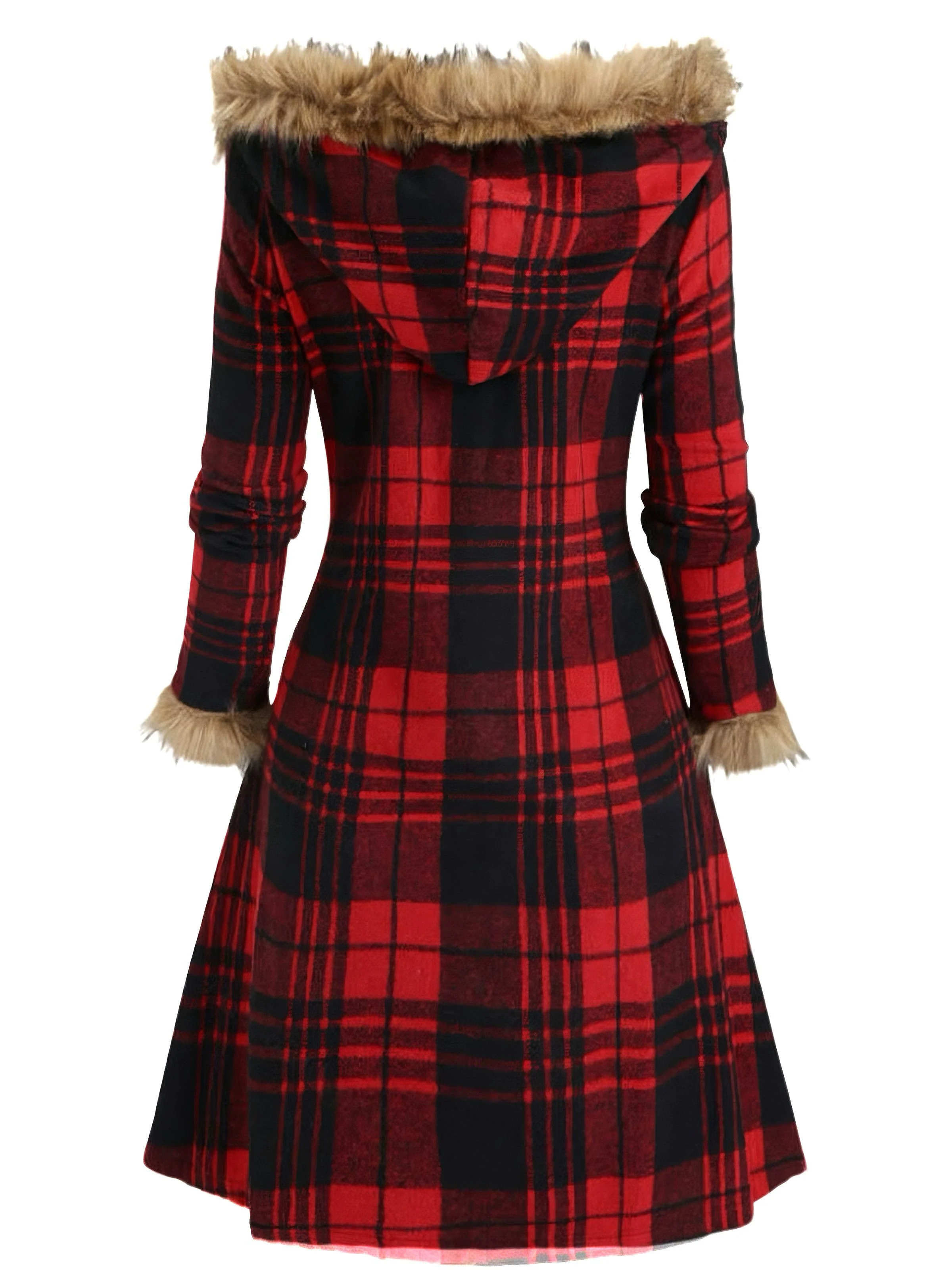 1940s Plaid Toggle Faux Fur Trim Hooded Coat - Image 2