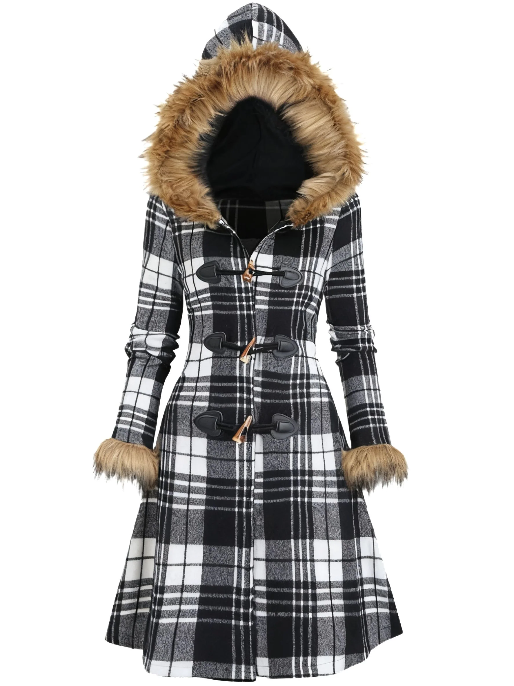 1940s Plaid Toggle Faux Fur Trim Hooded Coat - Image 3