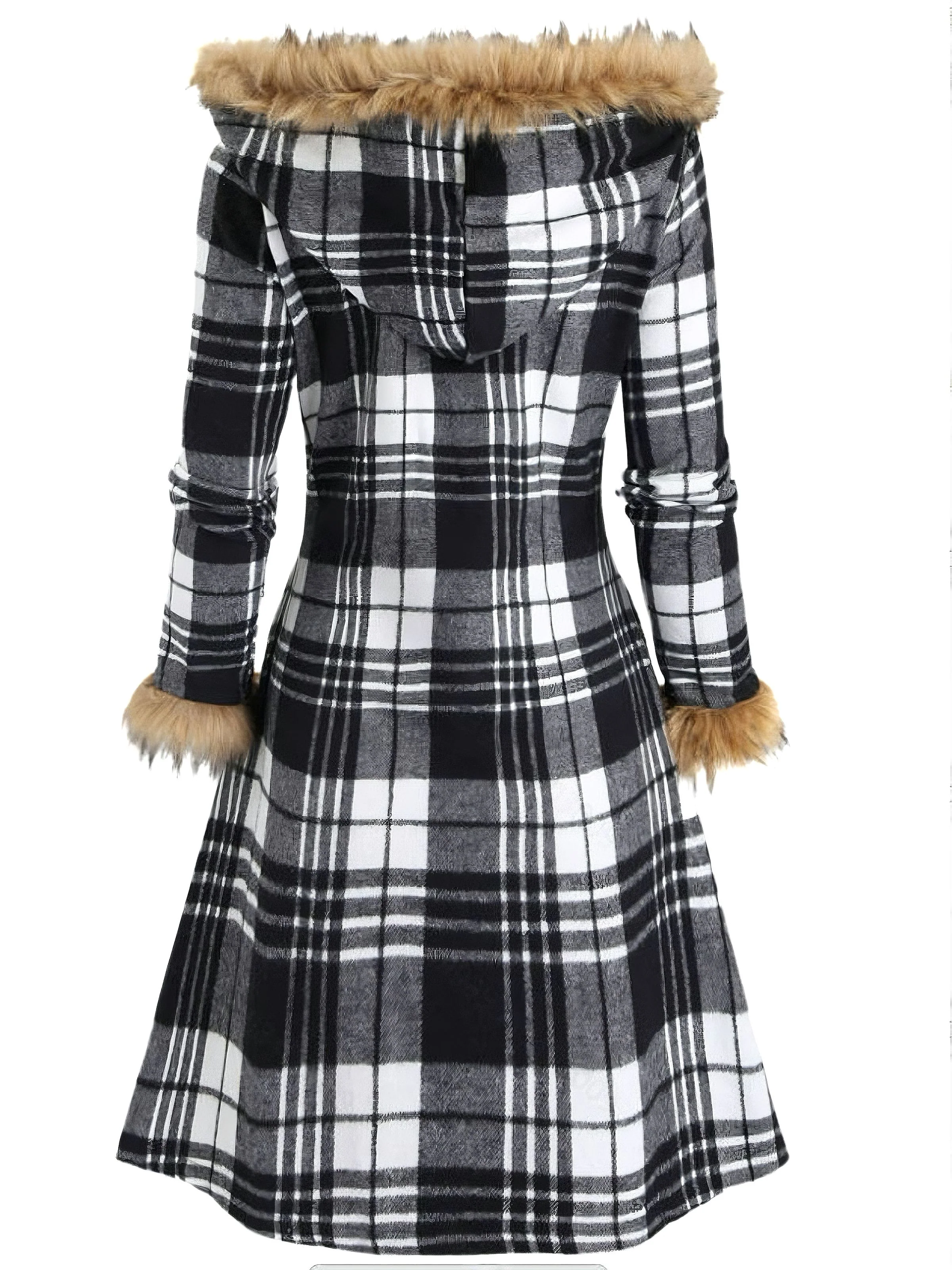 1940s Plaid Toggle Faux Fur Trim Hooded Coat - Image 4