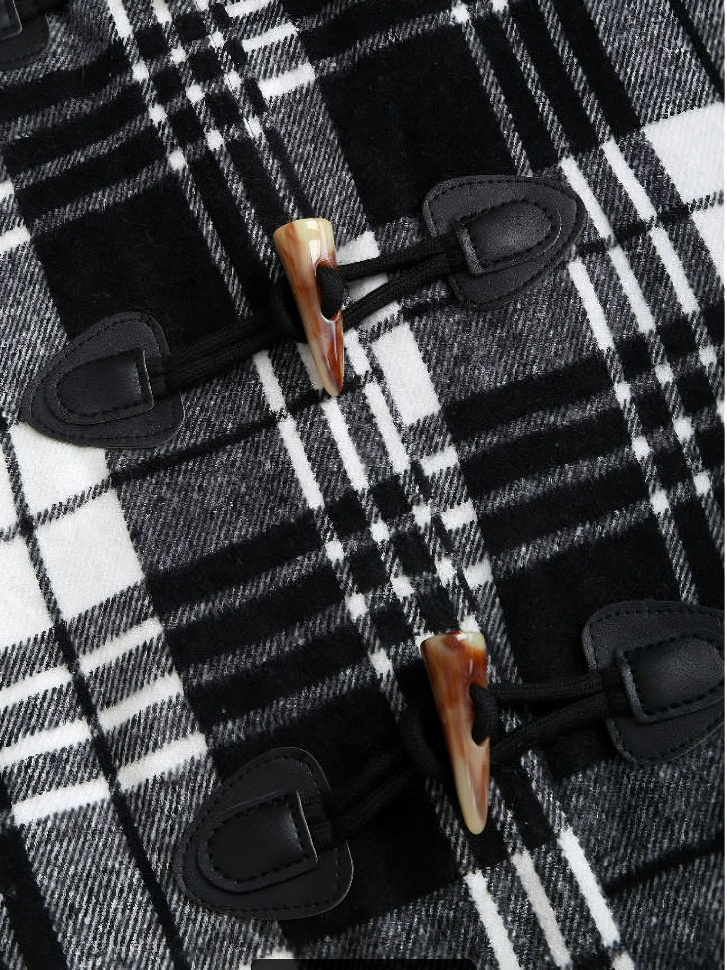 1940s Plaid Toggle Faux Fur Trim Hooded Coat - Image 6