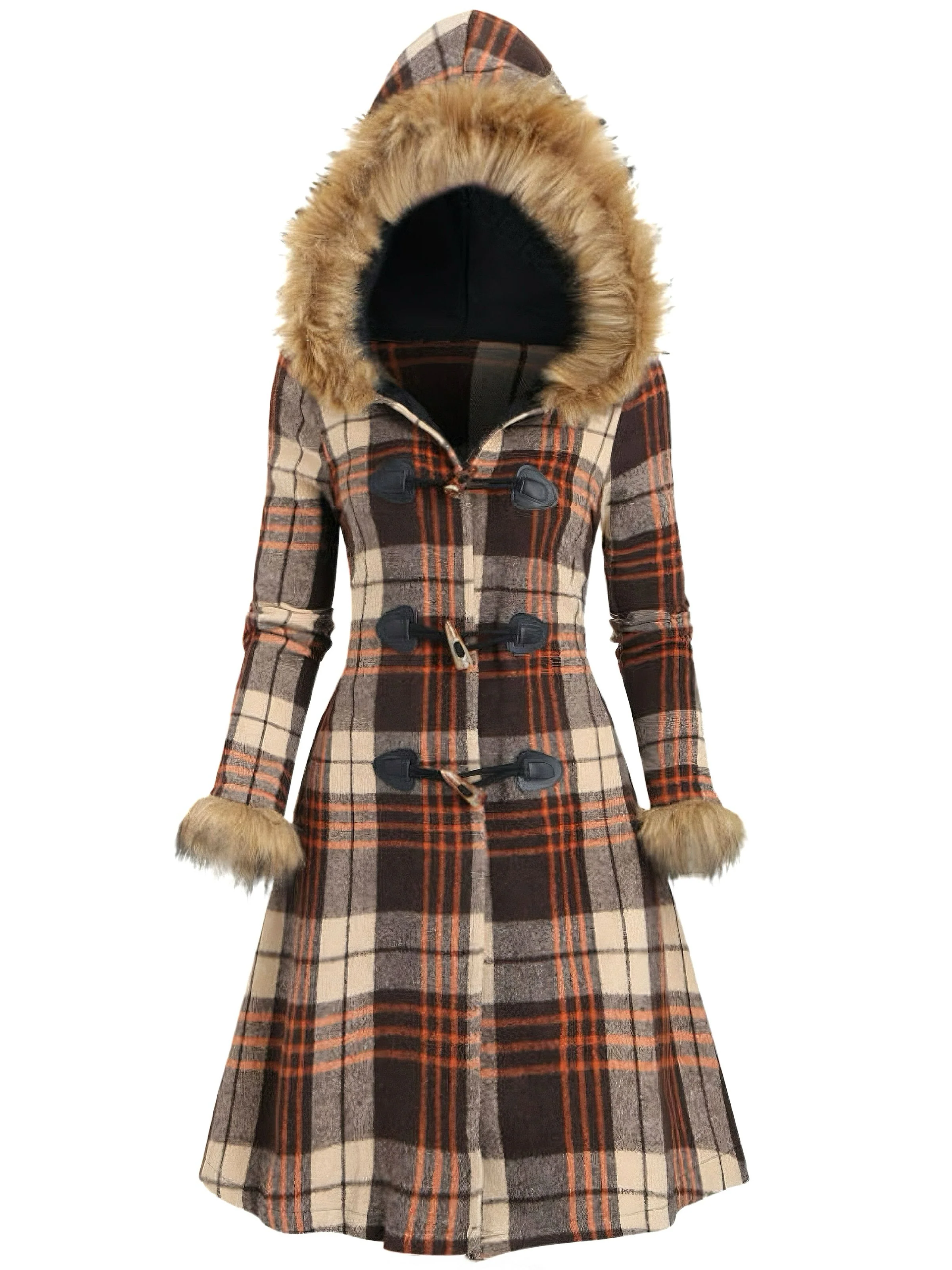 1940s Plaid Toggle Faux Fur Trim Hooded Coat - Image 7