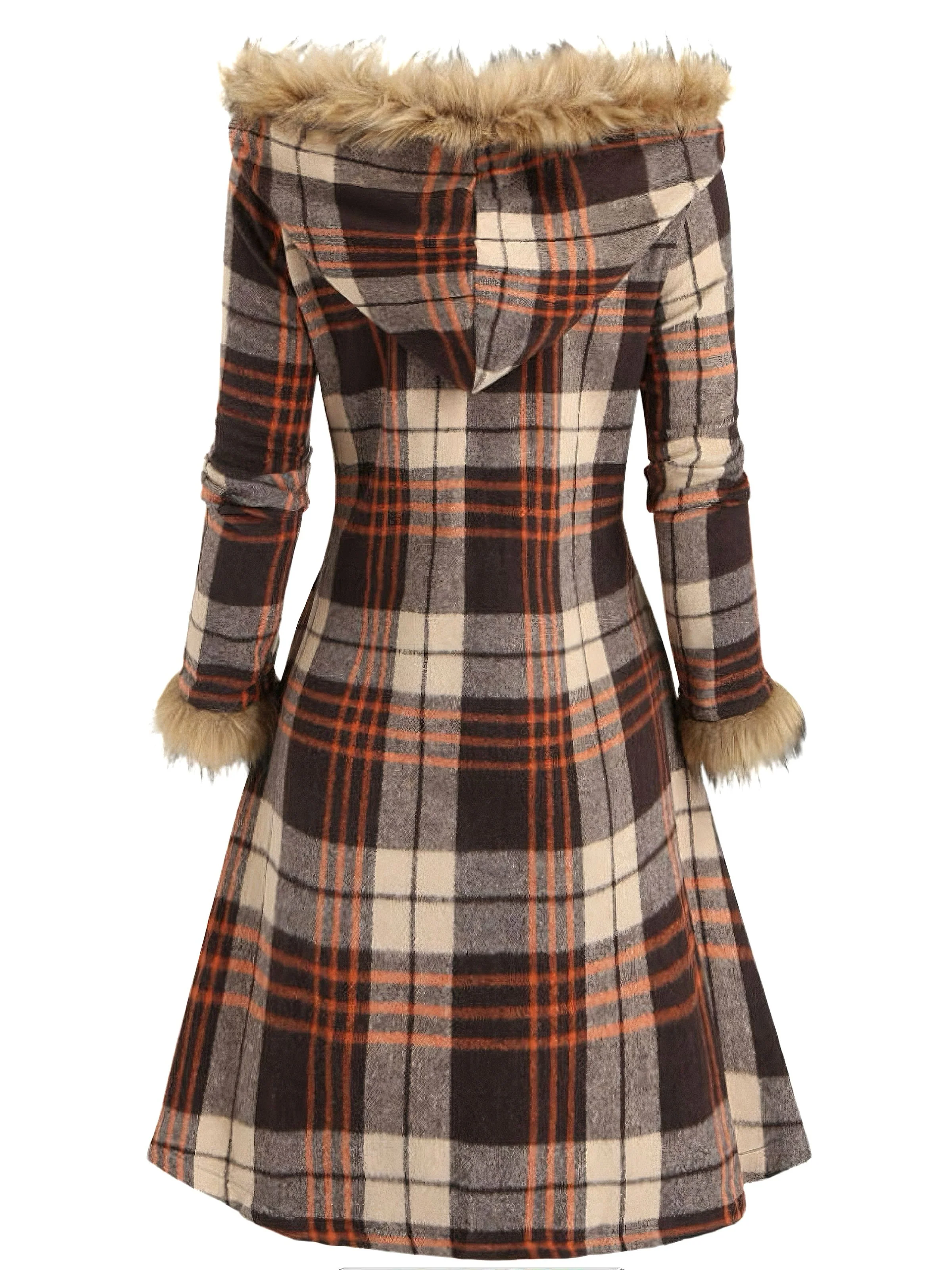 1940s Plaid Toggle Faux Fur Trim Hooded Coat - Image 8
