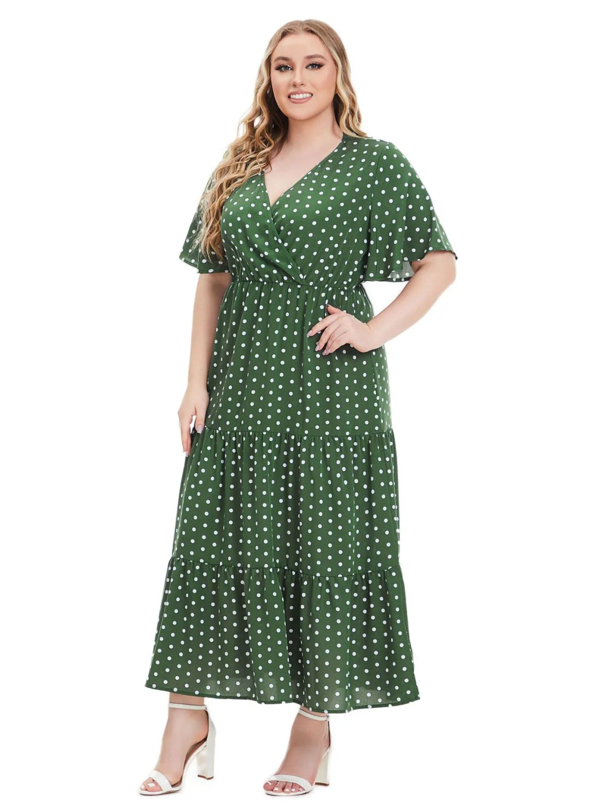 [Plus Size] 1940s Polka Dot V-Neck Short Sleeve Maxi Dress - Image 2