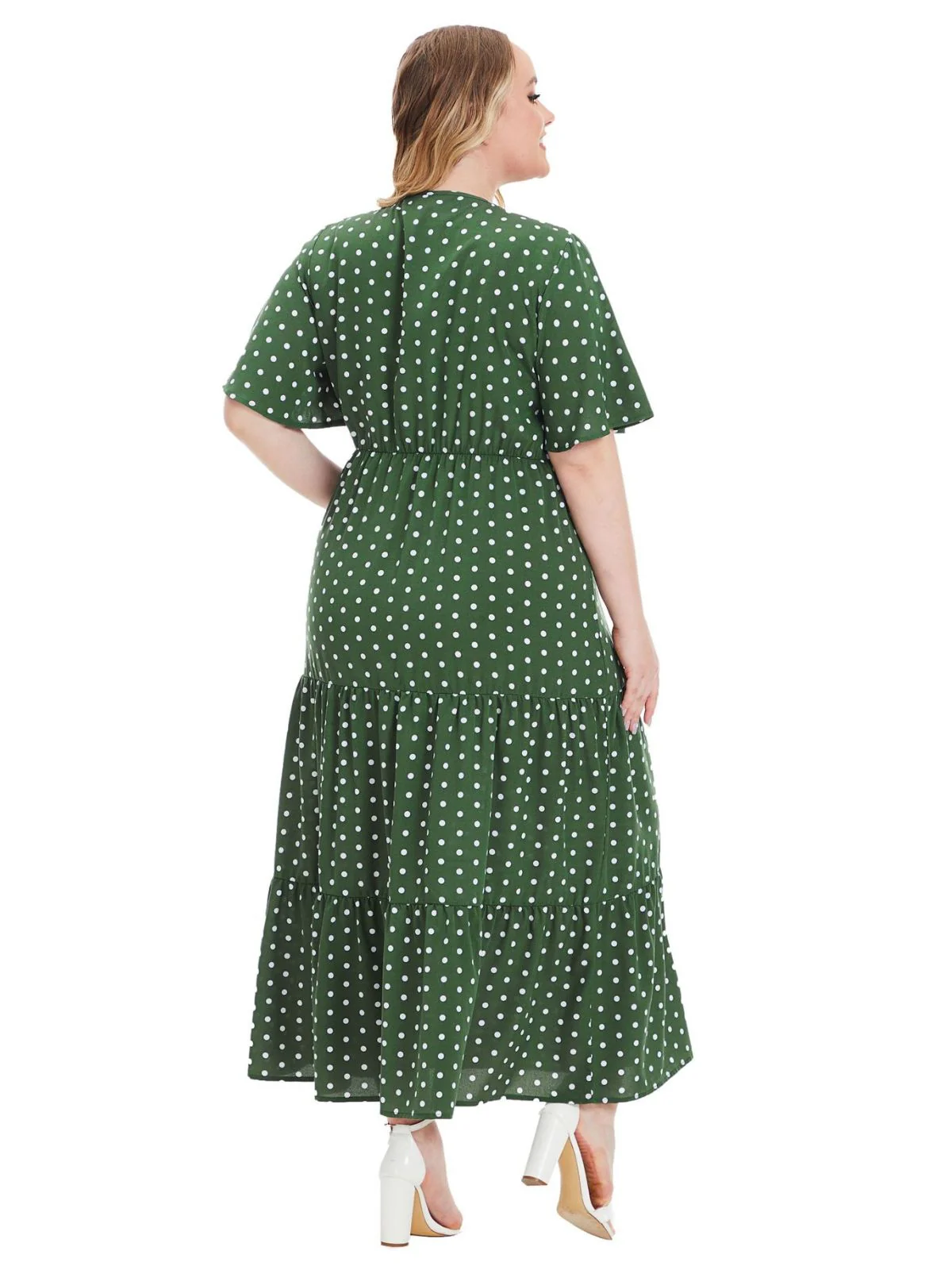[Plus Size] 1940s Polka Dot V-Neck Short Sleeve Maxi Dress - Image 3