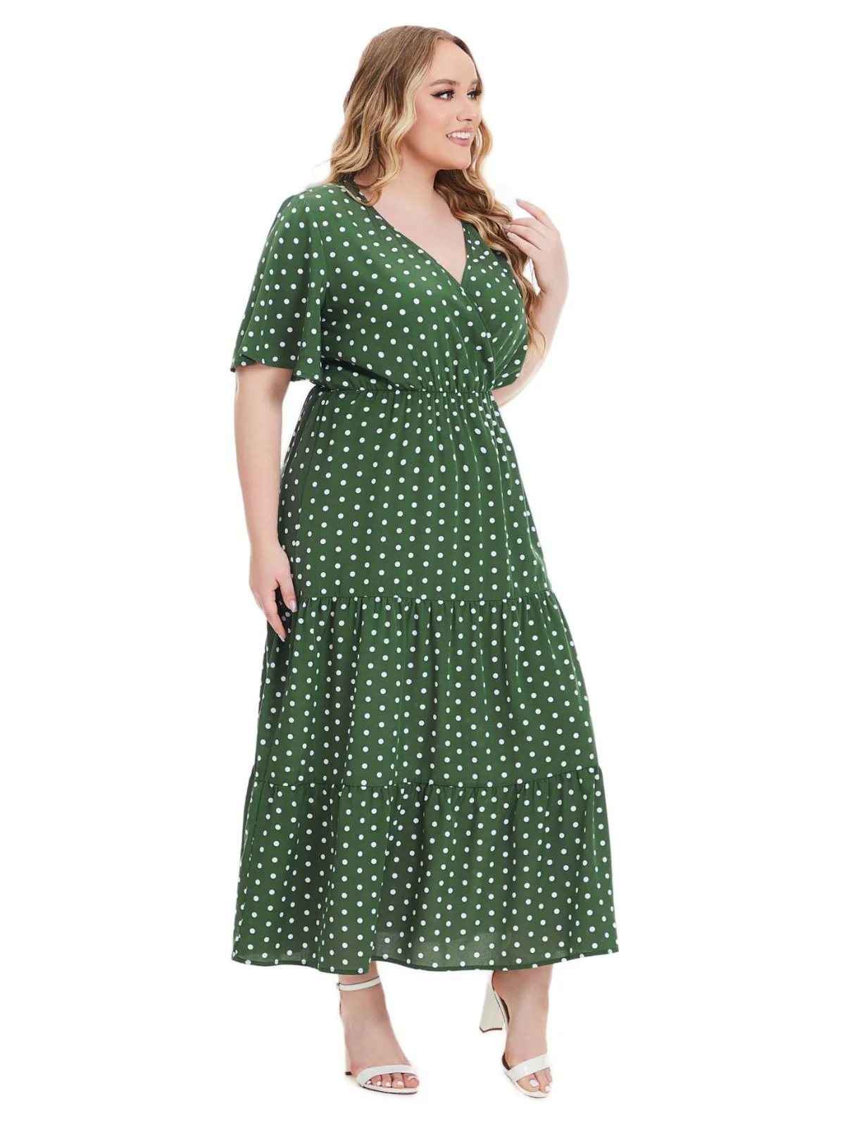 [Plus Size] 1940s Polka Dot V-Neck Short Sleeve Maxi Dress - Image 4