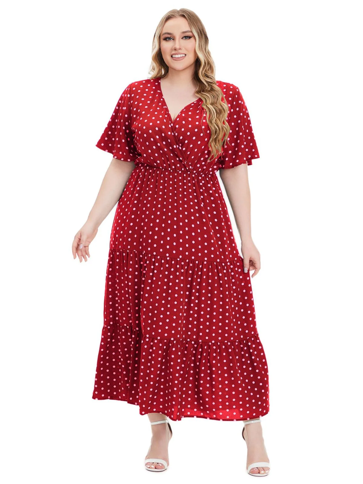 [Plus Size] 1940s Polka Dot V-Neck Short Sleeve Maxi Dress - Image 5