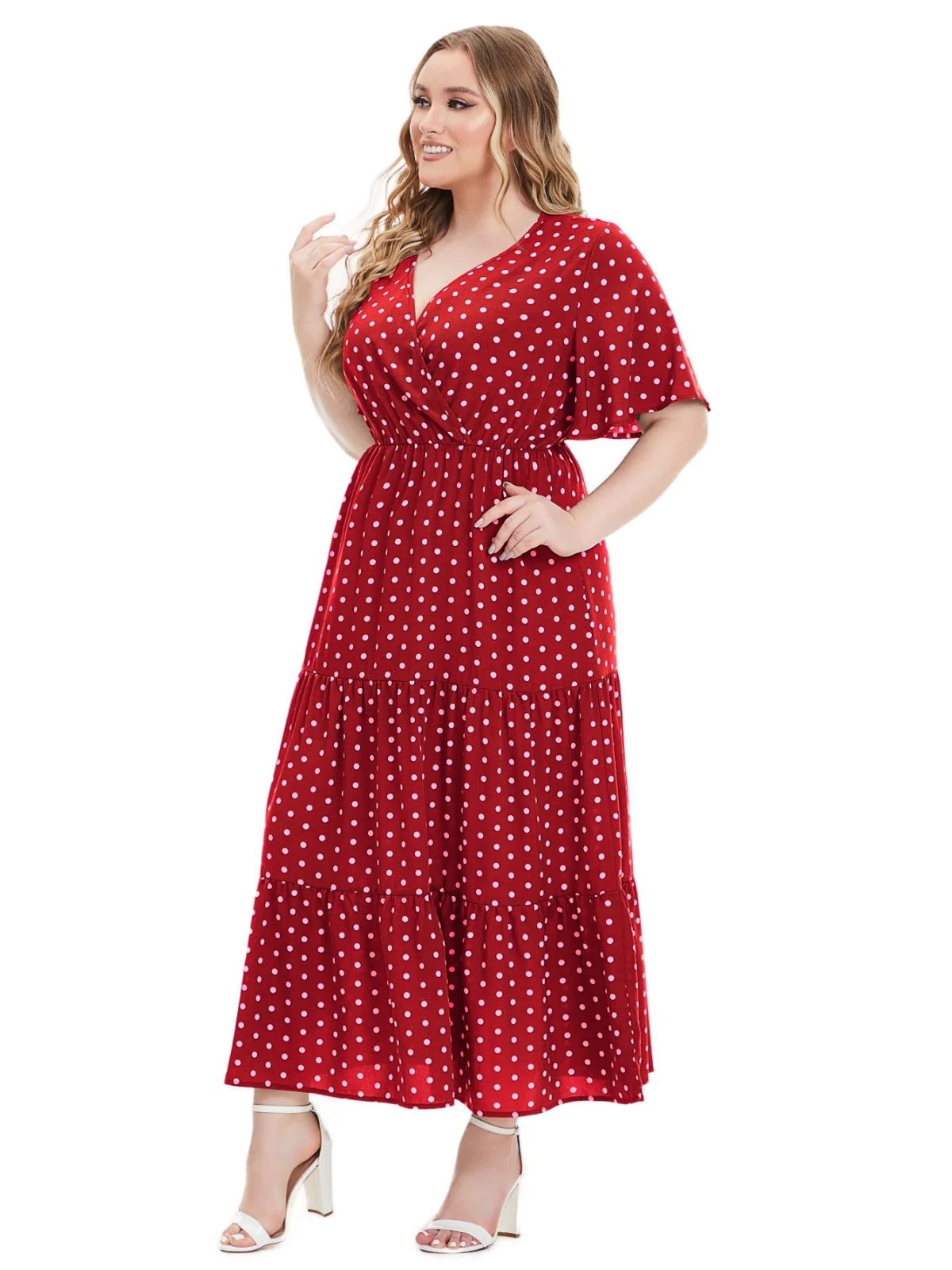 [Plus Size] 1940s Polka Dot V-Neck Short Sleeve Maxi Dress - Image 6