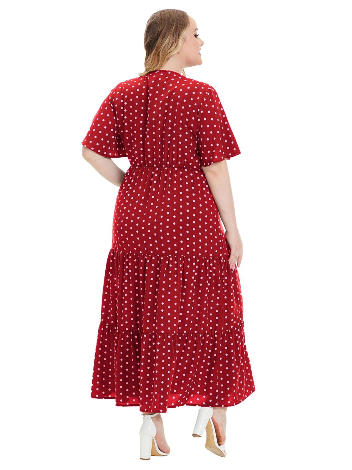 [Plus Size] 1940s Polka Dot V-Neck Short Sleeve Maxi Dress - Image 7